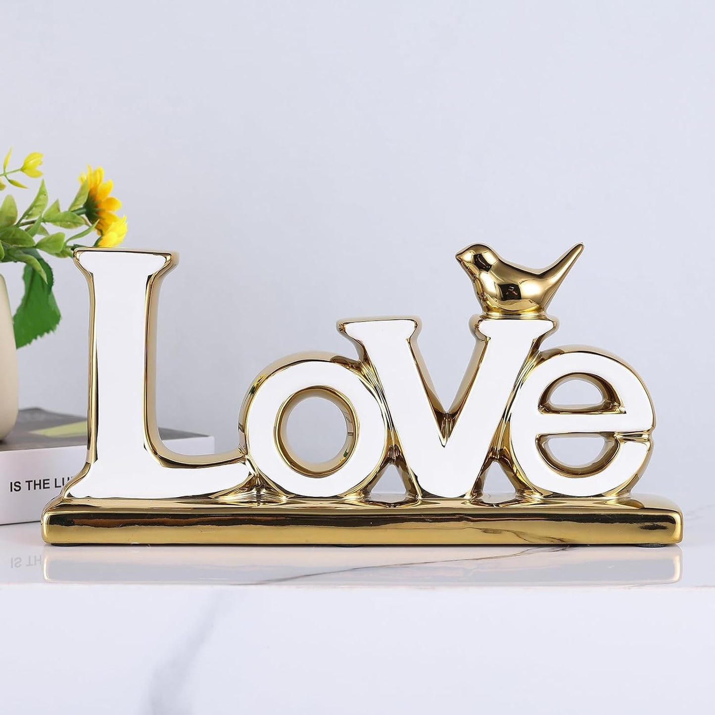 Love Sign Decoration - White & Gold Modern Bird Sculpture Statue, Personalized Love Decor for Living Room, Bedroom, Desktop