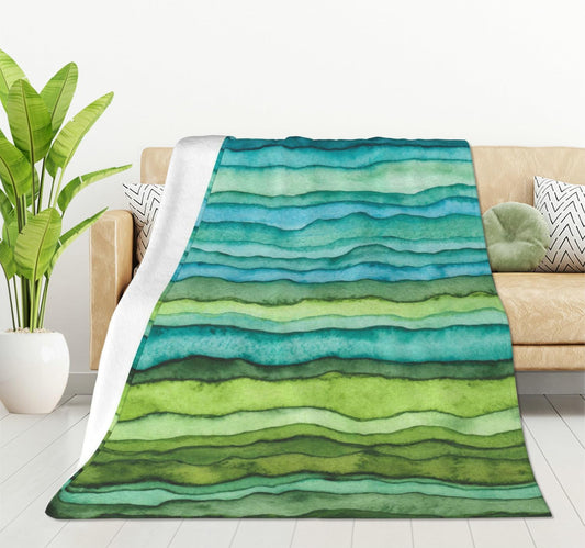 HGOD DESIGNS Watercolor Stripped Waves Blanket for Women, Lightweight Soft Fleece Flannel Throw Blanket Blue and Green Sofa Couch Living Room 50x60 Inch