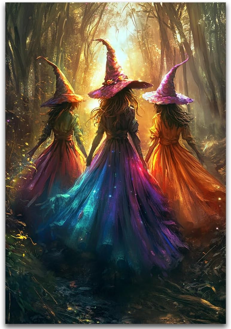 Halloween Room Decor Wall Art Colorful Witch Prints,Vintage Three Colorful Witches in Forest Halloween Posters,Fall Fantasy Aesthetic Pictures Playful Art Wall Decor for Bedroom,16"x24" Unframed