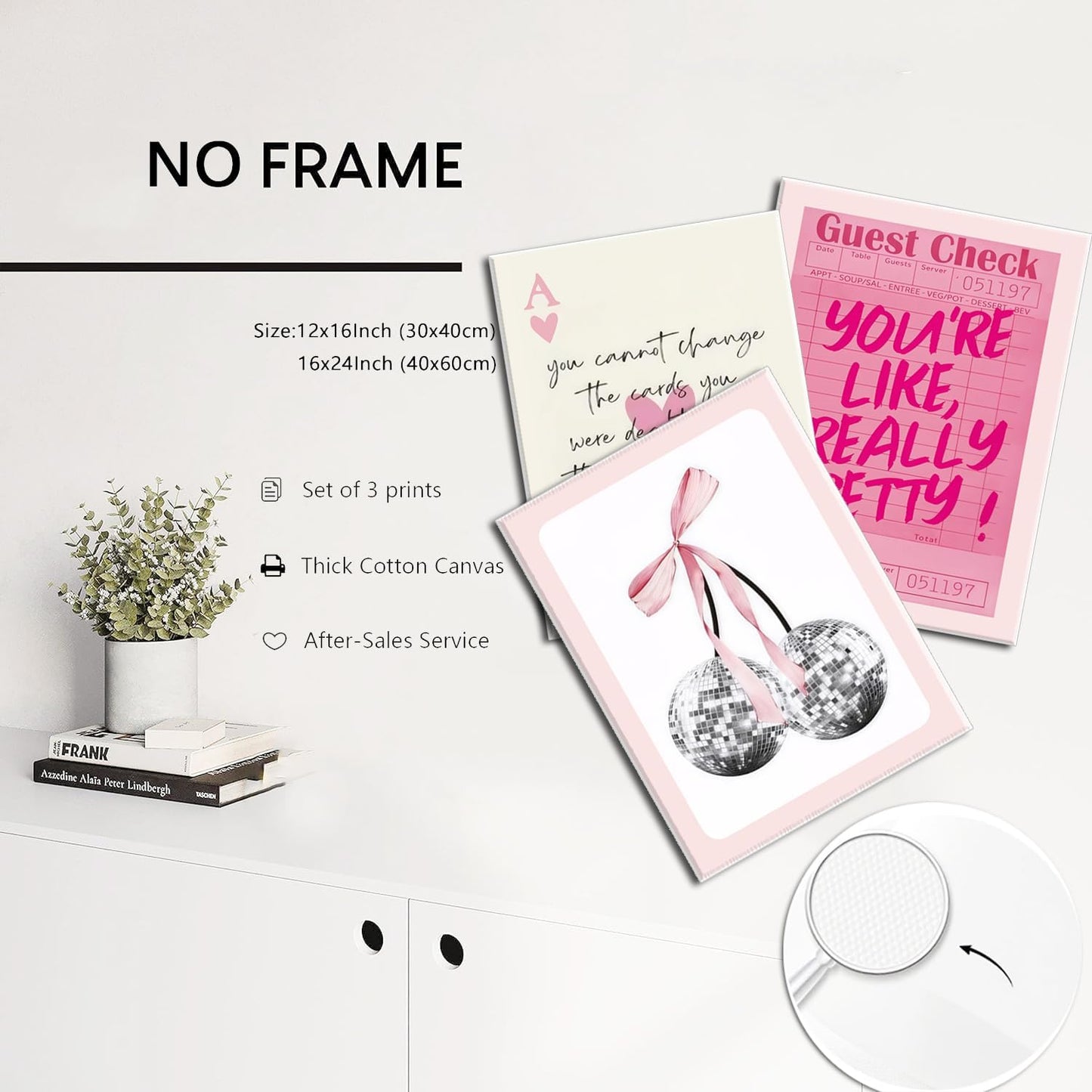 Pink Preppy Wall Art Framed Set of 3 Trendy Coquette Disco Cherry Posters Retro Guest Check Canvas Prints Poker Painting Positive Quote Pictures Room Decor Aesthetic for Girls Bedroom Dorm 12x16in