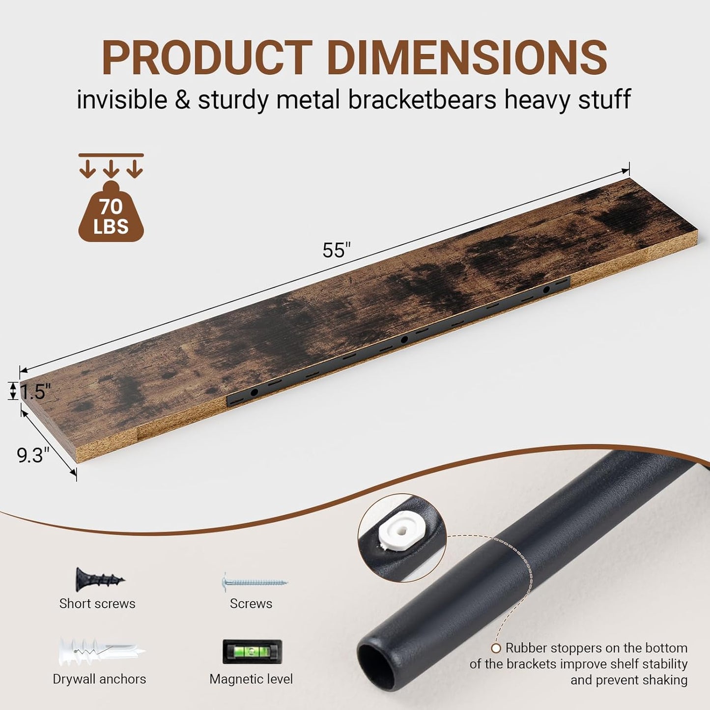 Heimlove 55 Inch Long Floating Shelves for Wall,9.3" Deep Rustic Brown Floating Shelf Set of 2,Large Display Shelf & Storage Shelf,Wall Mounted Shelves for Bedroom Living Room Kitchen Office