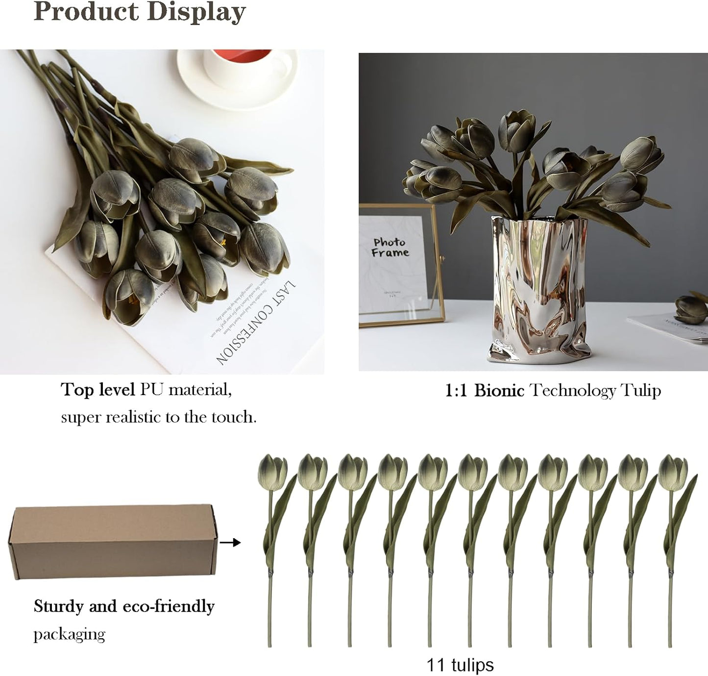 Buart Black-Coffee Flowers Artificial Luxury Big Tulip Valentine's Day Mother's Day Easter Home Kitchen Wedding Decorations(11pcs)