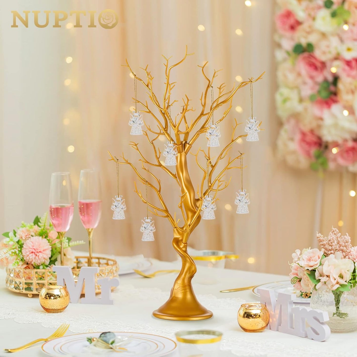 Nuptio 22.8 inch Tall Gold Christmas Tree Branch Artificial Manzanita Tree Centerpiece Wedding Centerpieces for Tables, Decorative Ornament Display Tree Branches for Decoration Weddings (2 Pc)