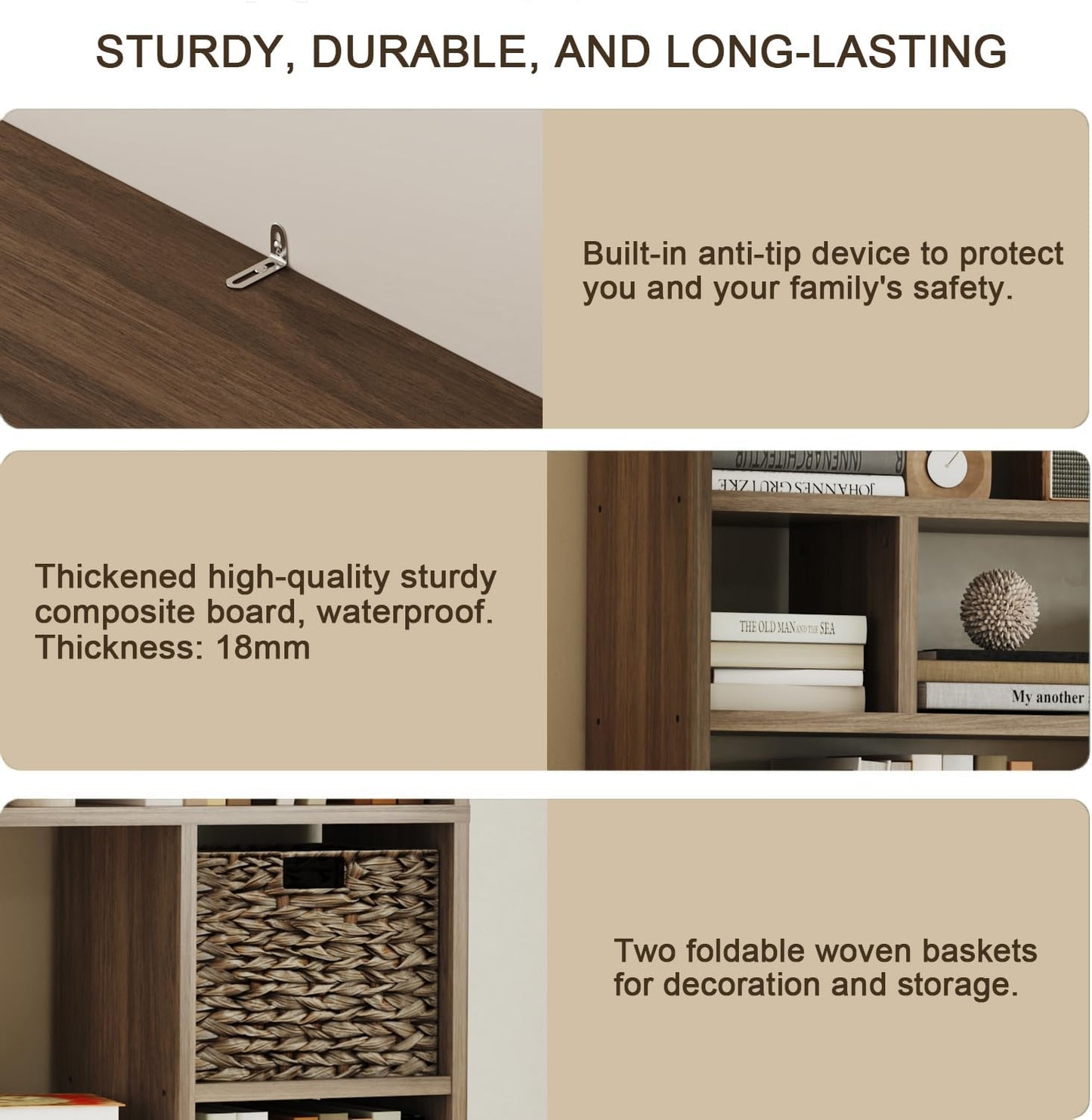 71” Tall Wooden Bookcase 6-Tier Large Bookshelves with 2 Woven Baskets, 55" Wide Floor Standing Wood Display Organizer Shelves for Living Room（Brown）