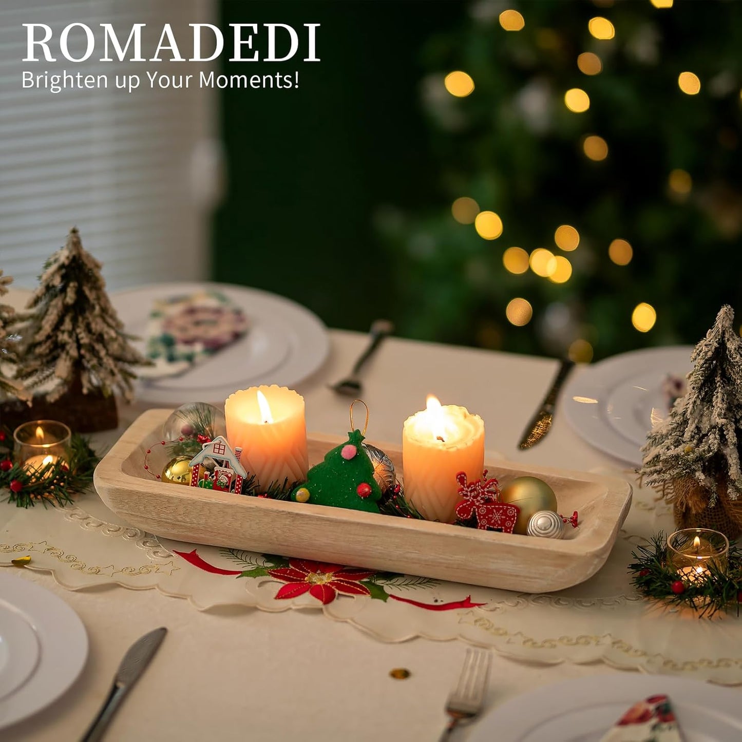 Romadedi Decorative Bowls for Home Decor - 16" Wooden Dough Bowl for Decor, Large Wood Bowl for Kitchen Table Centerpieces Long Narrow Wooden Tray for Dining Table Whitewashed