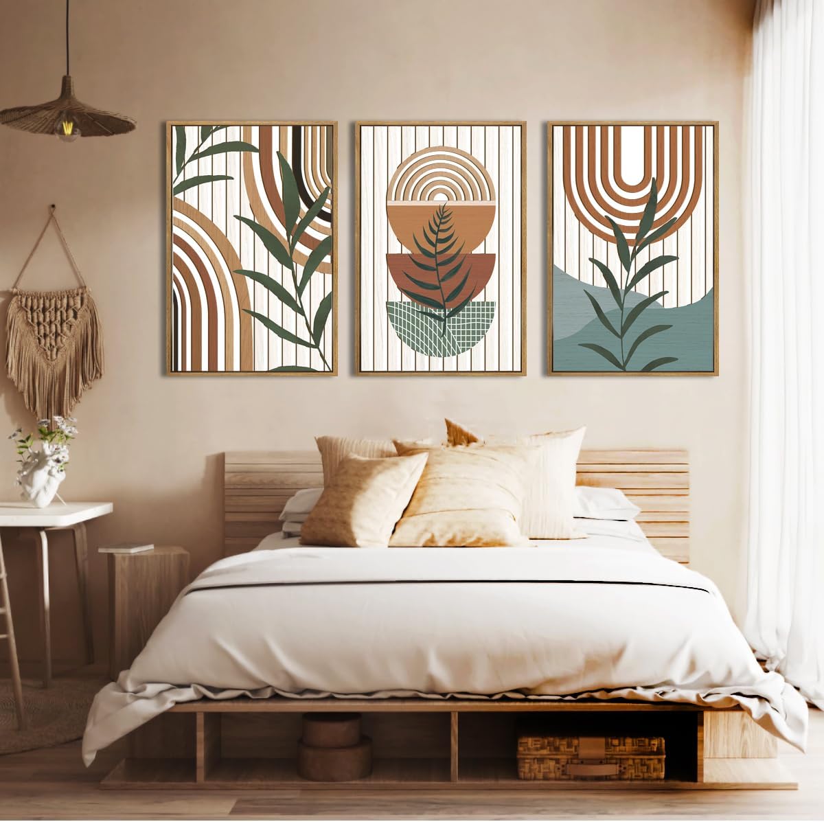 Large Boho Mid Century Wood Wall Art Set,Modern Geometric Leaves Artwork Bohemian Wall Sculptures,Abstract Minimalist Wooden Wall Decor for Living Room Bedroom Office-16 x24 x3