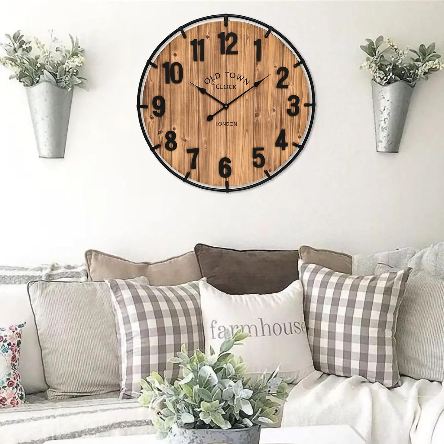Large Old Town Farmhouse Wall Clock 20 Inches - Rustic Antique Wood with Metal Circle and Large Numerals Silent Battery Operated Wall Clock for Office Kitchen Bedroom Living Room