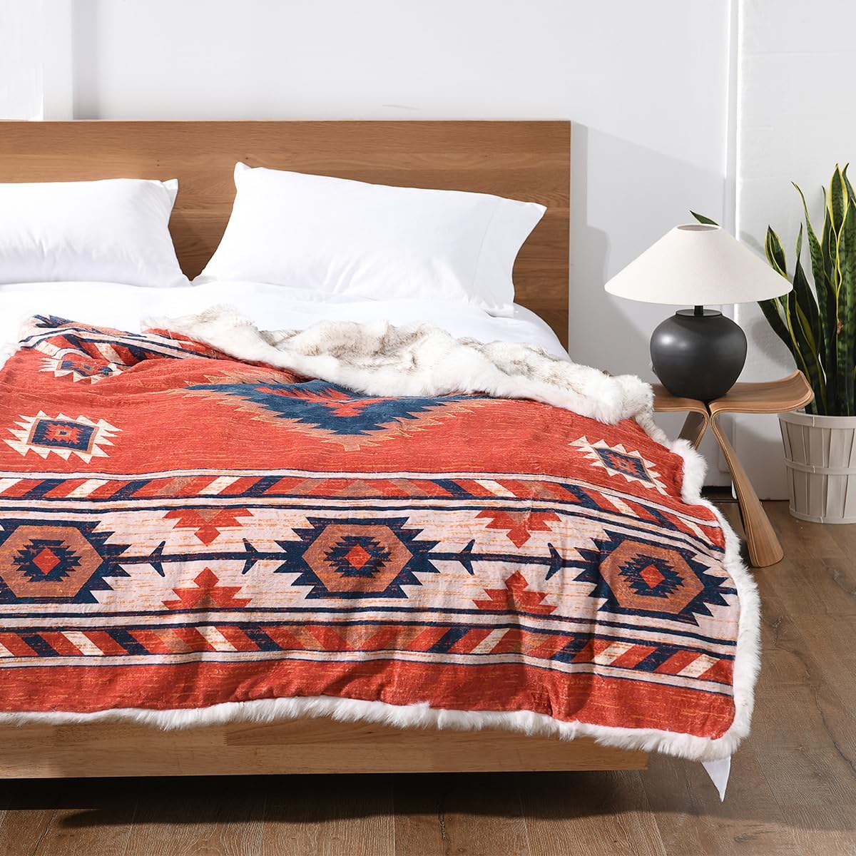 Luxury Plush Faux Fur Throw Blanket with Aztec Pattern, Super Warm, Fuzzy, Elegant, Fluffy Decoration Blanket for Couch, Armchair, Sofa and Bed, 50''x 60'', Red