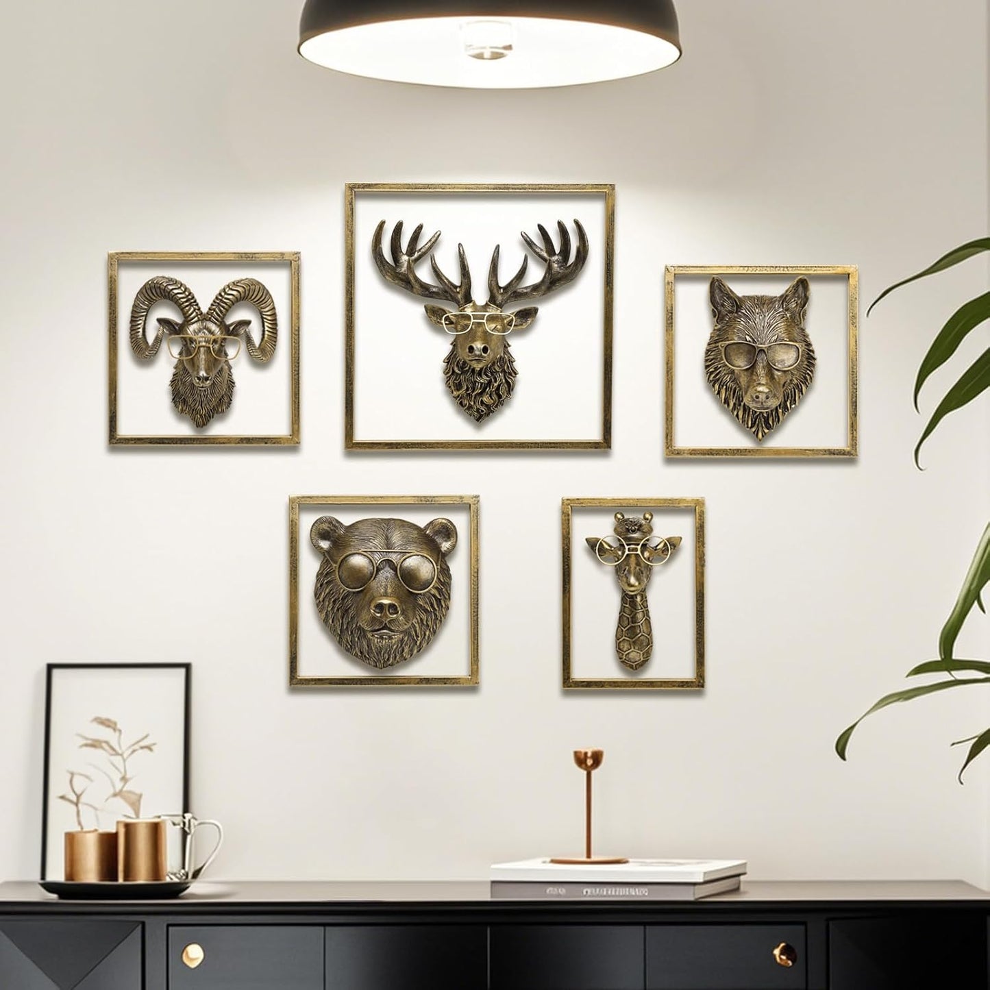 JJALIGHTS Animal Heads Wall Decor Resin Animals Sculptures Head Wall Hanging Decoration Imitation Copper vintage Wall Sculpture for Living Room Bedroom Office(5pcs,Includes Metal Frame)