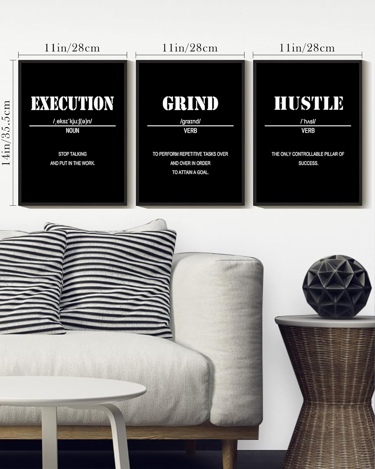 Drsoum Inspirational Office Framed Wall Art Motivational Grind Hustle Success Canvas Wall Decor Encouraging Quotes Sayings Paintings 3 Pieces Artwork Home Bedroom Easy to Hang 11x14in (Black Framed)