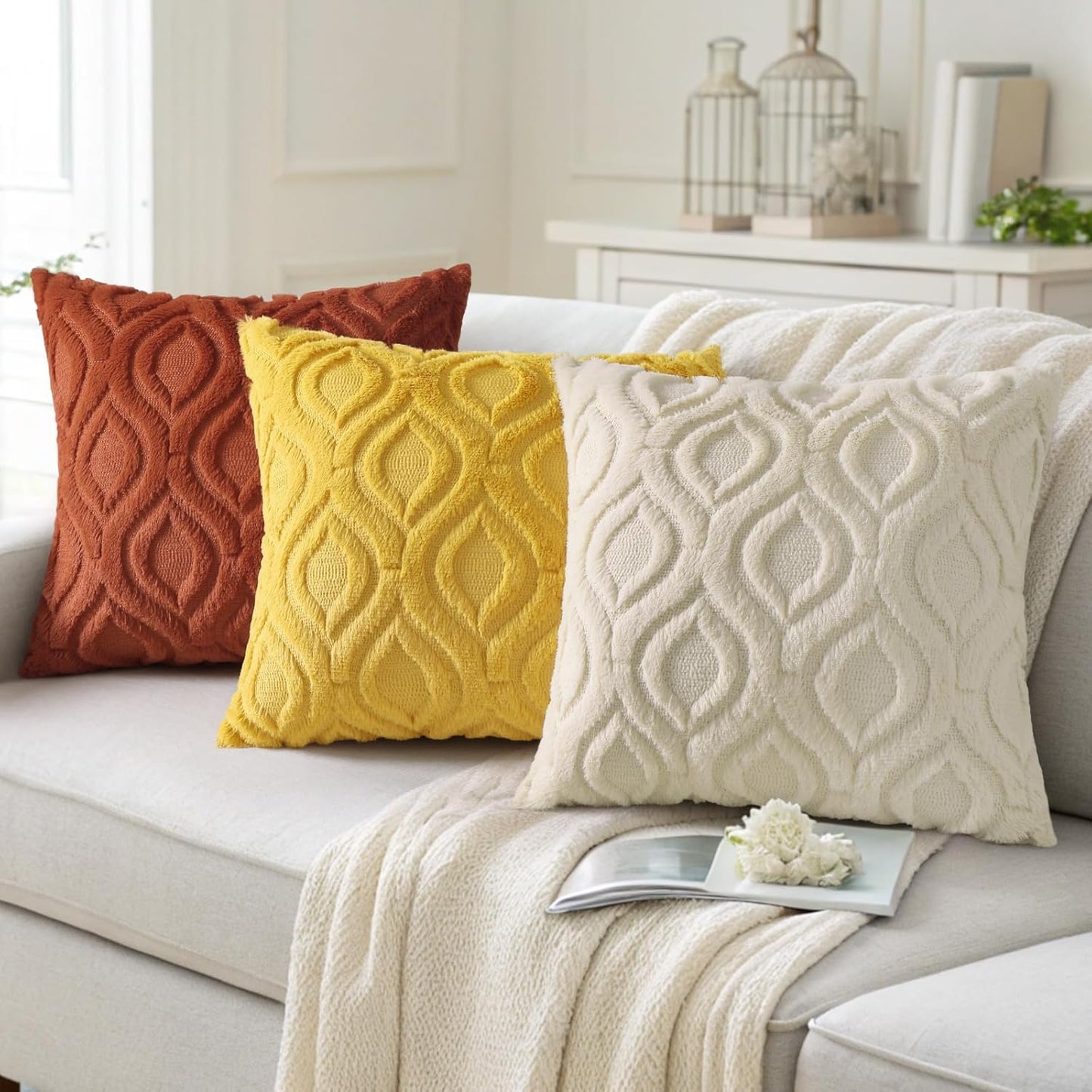 decorUhome Fall Throw Pillow Covers 12x20 Inch Set of 2, Soft Plush Decorative Faux Fur Rust Solid Couch Pillow Covers, Accent Farmhouse Neutral Lumbar Euro Pillow Cases for Sofa Bed Living Room