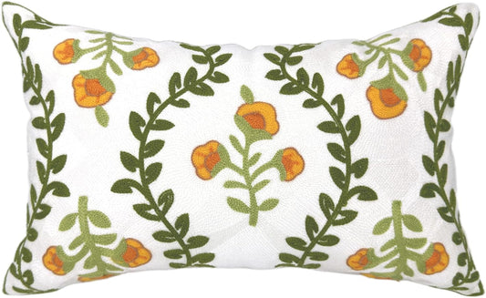 Alysheer Flower Embroidered Summer Decorative Lumbar Throw Pillow Cover 12"x 20", Farmhouse Cottage Orange Floral Green Leaves Patterned Cotton Canvas Cushion Case for Sofa Couch Bed Living Room