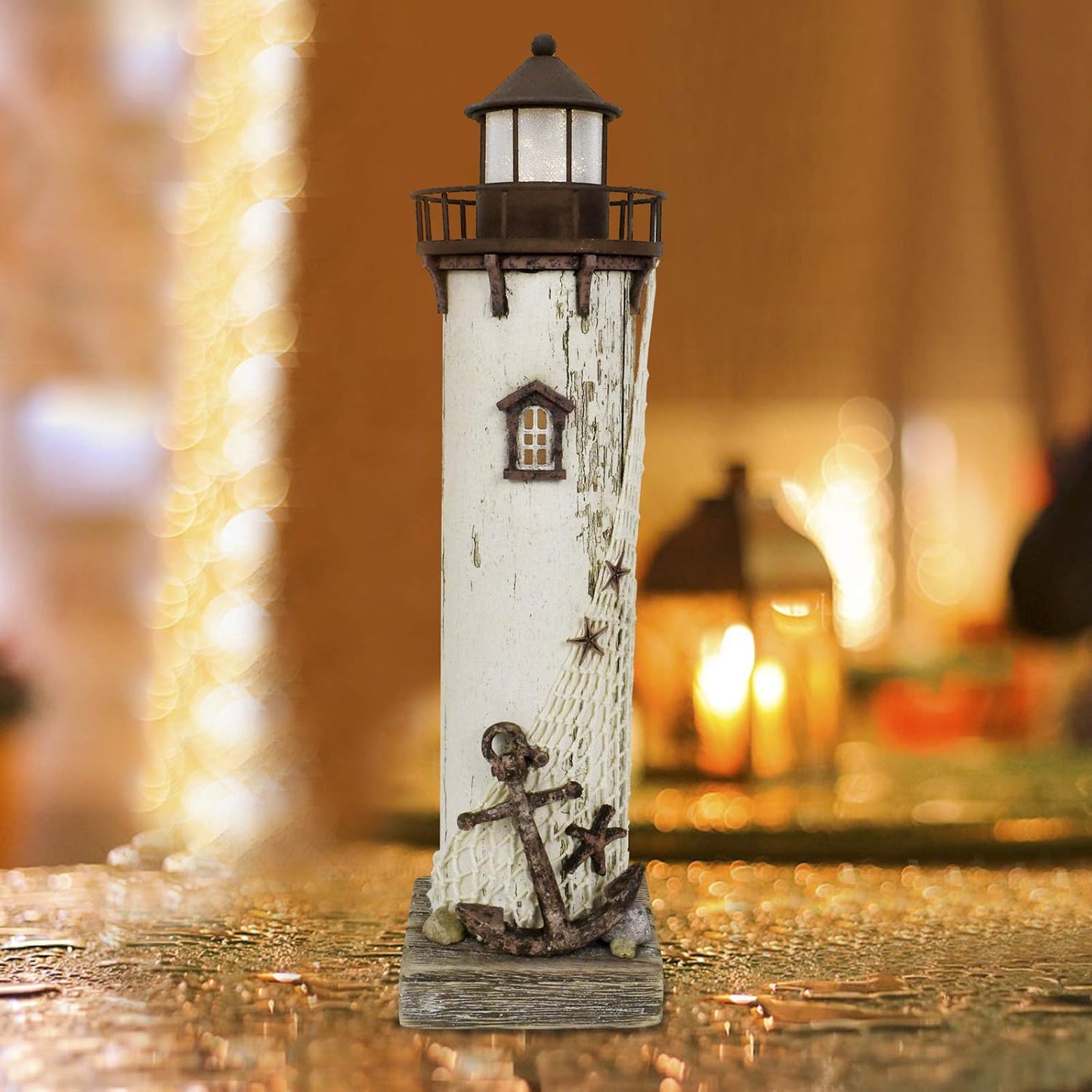 Linfevisi Wood Lighthouse Decor Rustic LED Light House Decor Wooden Decorative Nautical Lighthouse Statue Coastal Beach Themed Lighthouse Handcrafted Tabletop Decoration Home Bathroom (14.75")