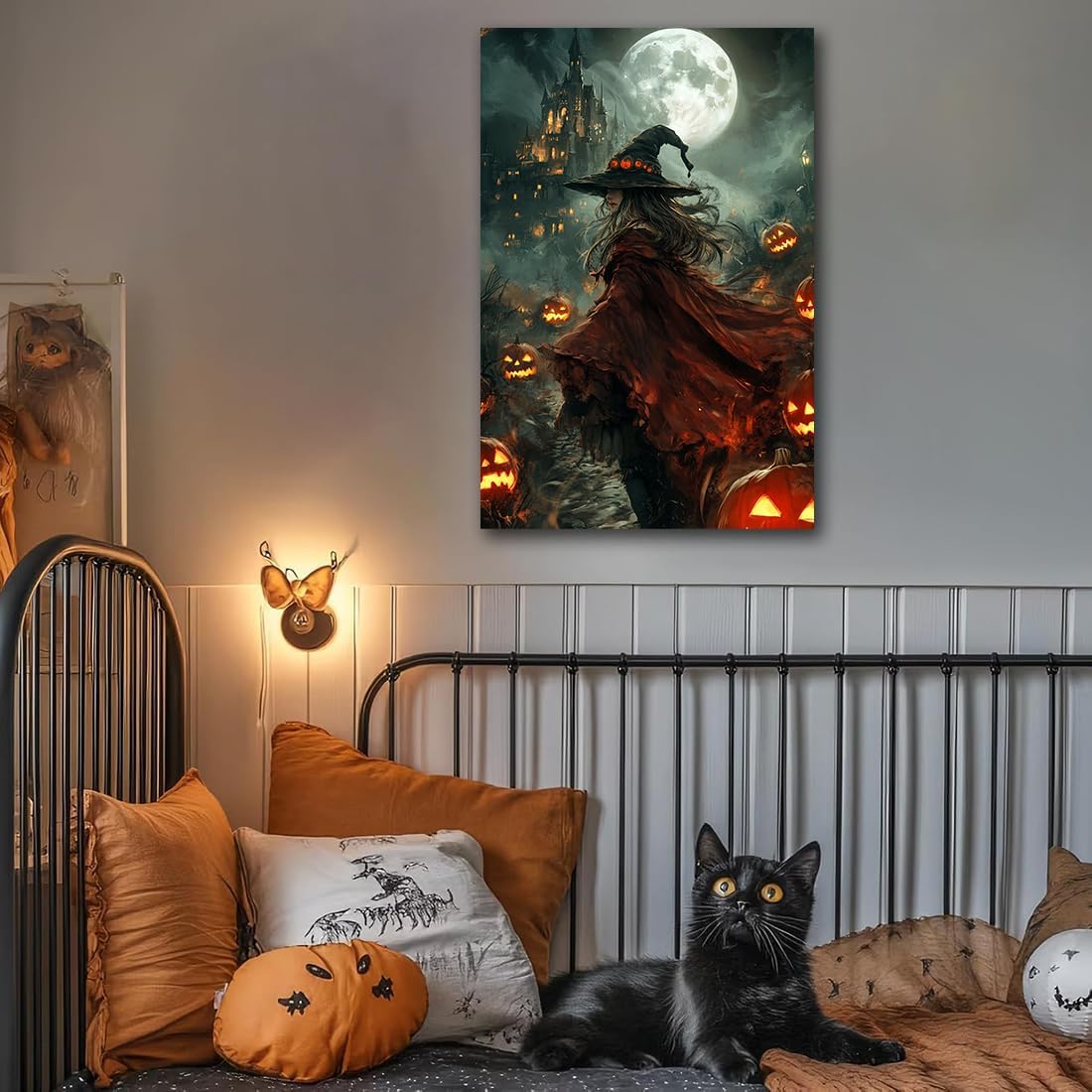 Dark and Moody Gothic Witch Poster Wall Art,Vintage Rustic Witch in Cloak with Castle Pumpkin Road Dark Gothic Poster,Goth Spooky Season Halloween Prints for Fantasy Office,8"x12" Framed
