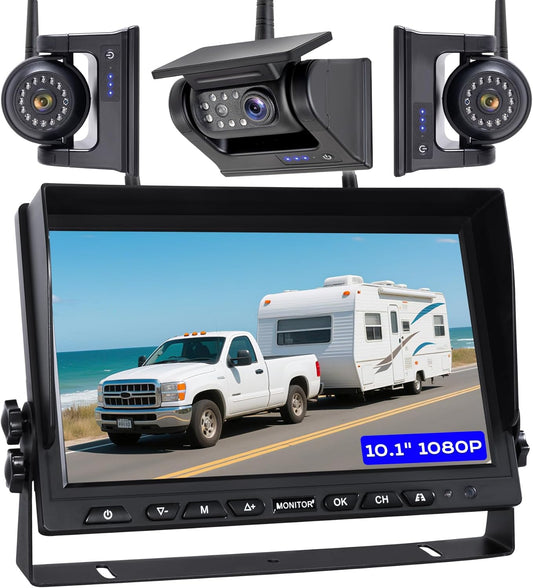 10.1" Magnetic Wireless RV Backup Camera System, 1 Rear Cameras & 2 Side Cameras for Reversing/Monitoring Trailer Camper, 1080P DVR Monitor, 3x9600mAh Waterproof IR Night Vision Cameras, WS3