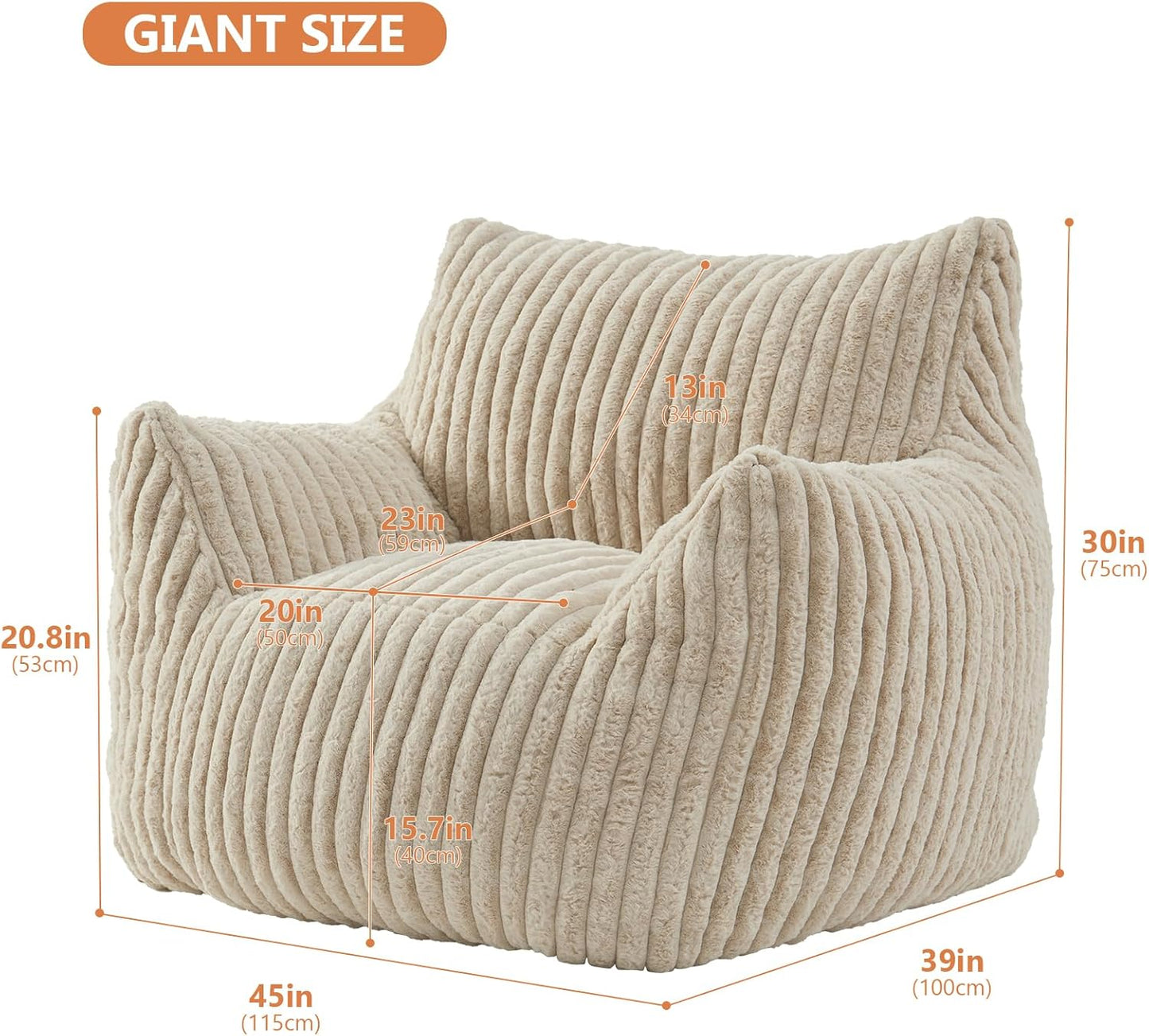 Giant Bean Bag Chairs for Adults with Filling Plush Fluffy Bean Bag Chairs for Teens with Armrests Comfy BeanBag Lazy Couch Sofa Chair for Bedroom Living Room Reading