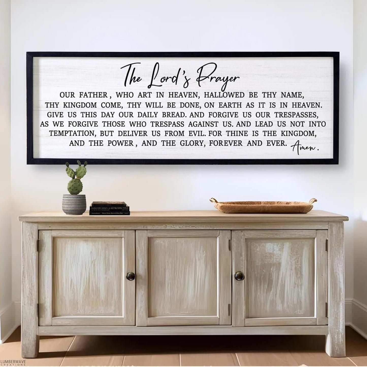 Our Father Prayer Bible Verse Framed Wall Art, 40''×15'' Rustic Religious Christian Lords Prayer Sign for God Jesus Christ Prayer, Horizontal Holy Inspirational Catholic Scripture Decor