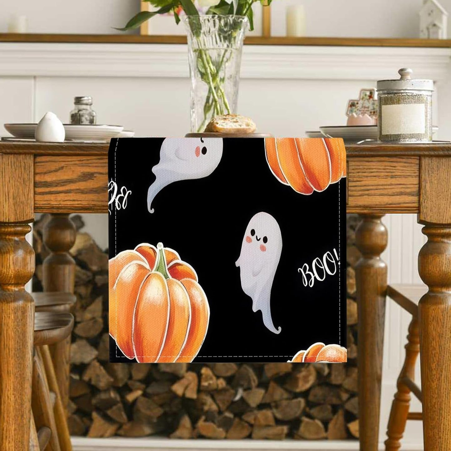 Halloween Table Runner Spooky Ghost Pumpkin Table Runner for Home Party Holiday Indoor Outdoor Table Decoration Halloween Table Decoration Kitchen Dining Table Decor 13 x 36 Inch (Black)