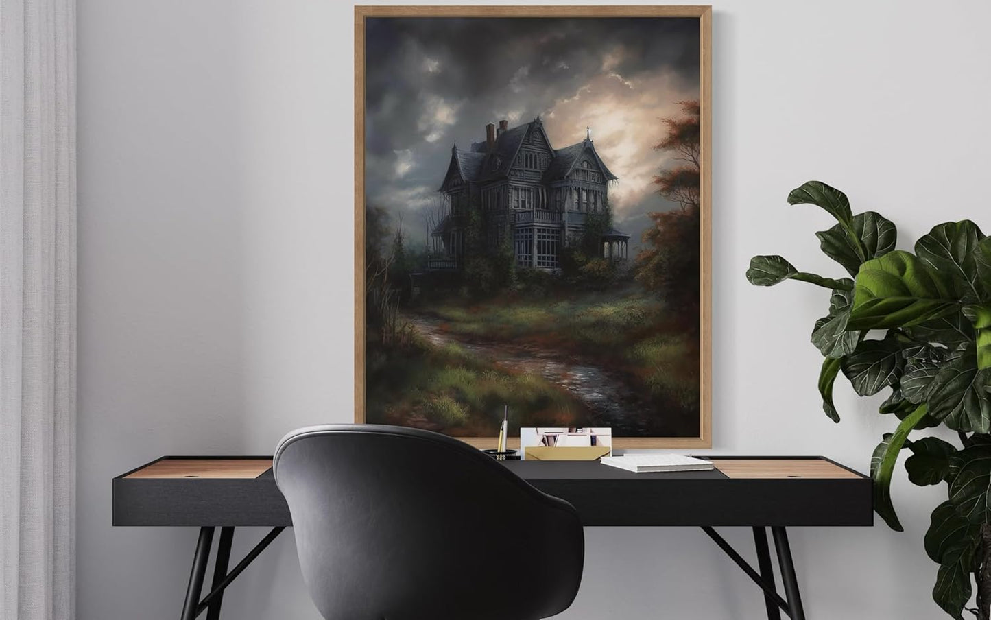 Haunted House Poster Art Print, Halloween Scary Vintage Wall Art Academia Spooky Painting Decoration for Horror Prints, Gothic Posters Bedroom Decor 89 (Haunted House, 11 x 14 inches, Wood Frame)