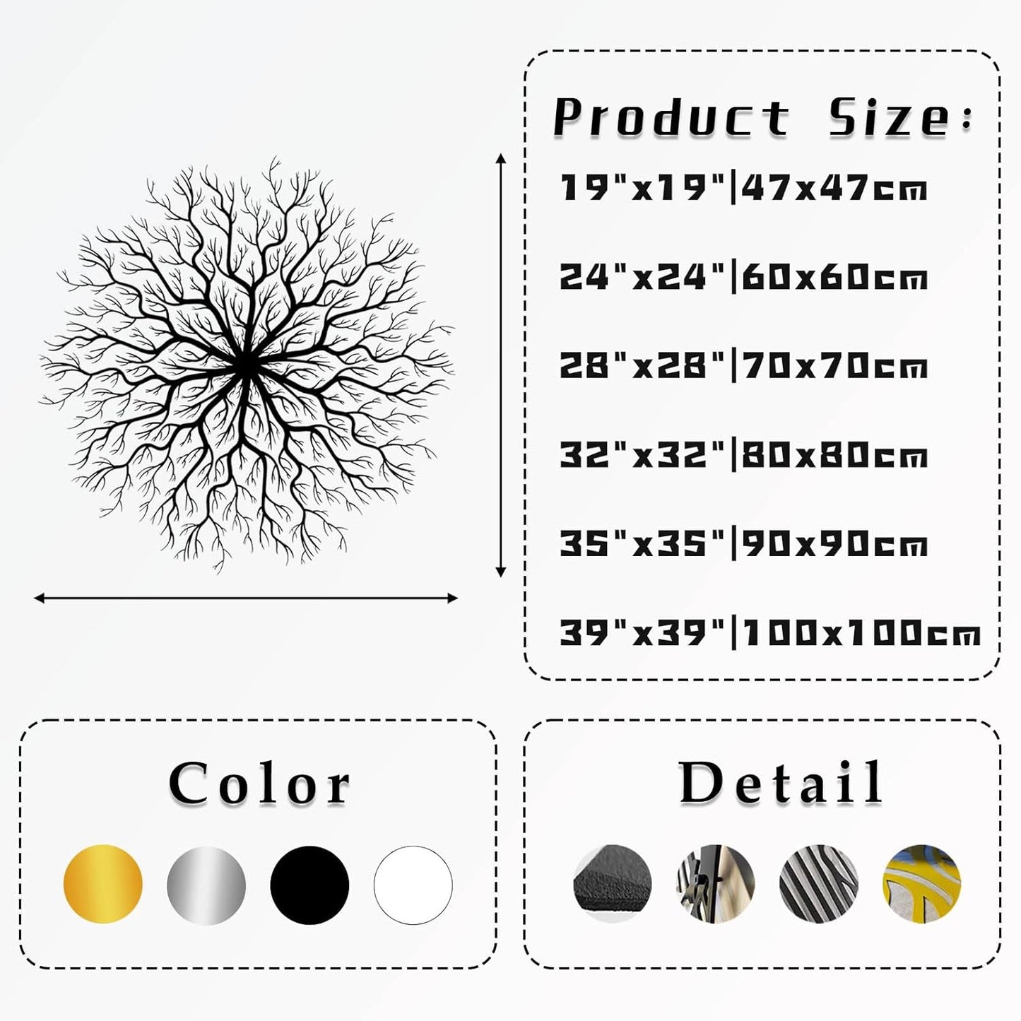 Tree of Life Metal Wall Art, Metal Tree Wall Art, Large Round Sculpture, Round Branch Wall Decor, Large Branch Artwork, Nature Sign, Wall Decor for Living Room, Housewarming Gift (Black, 32"x32"|80x80cm)