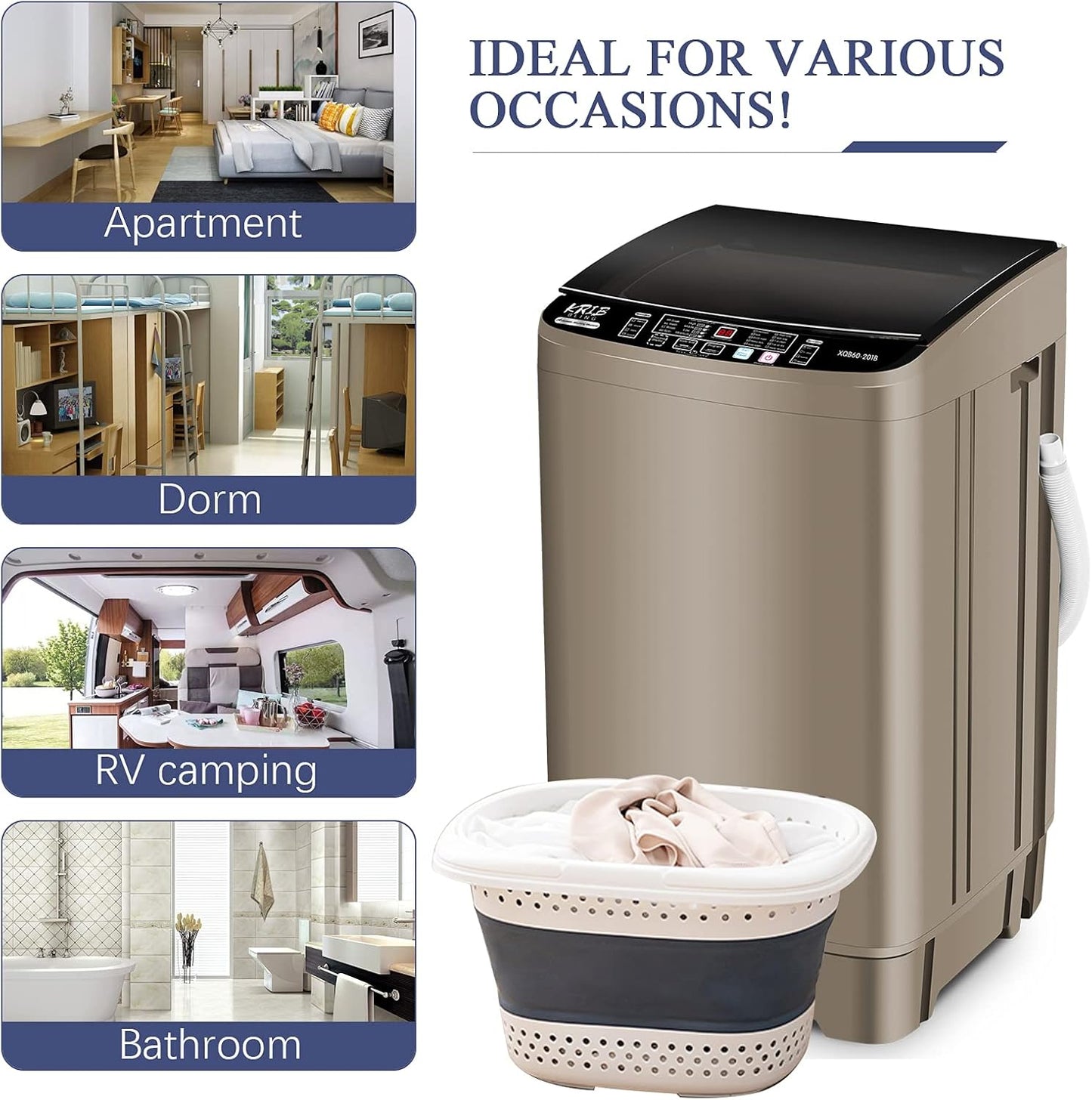 Full Automatic Washing Machine with LED Display, 17.7 lbs Portable Washer Drain Pump, 10 Programs & 8 Water Levels Selections, Ideal for RV, Camping, Apartment, Dorm, Gold