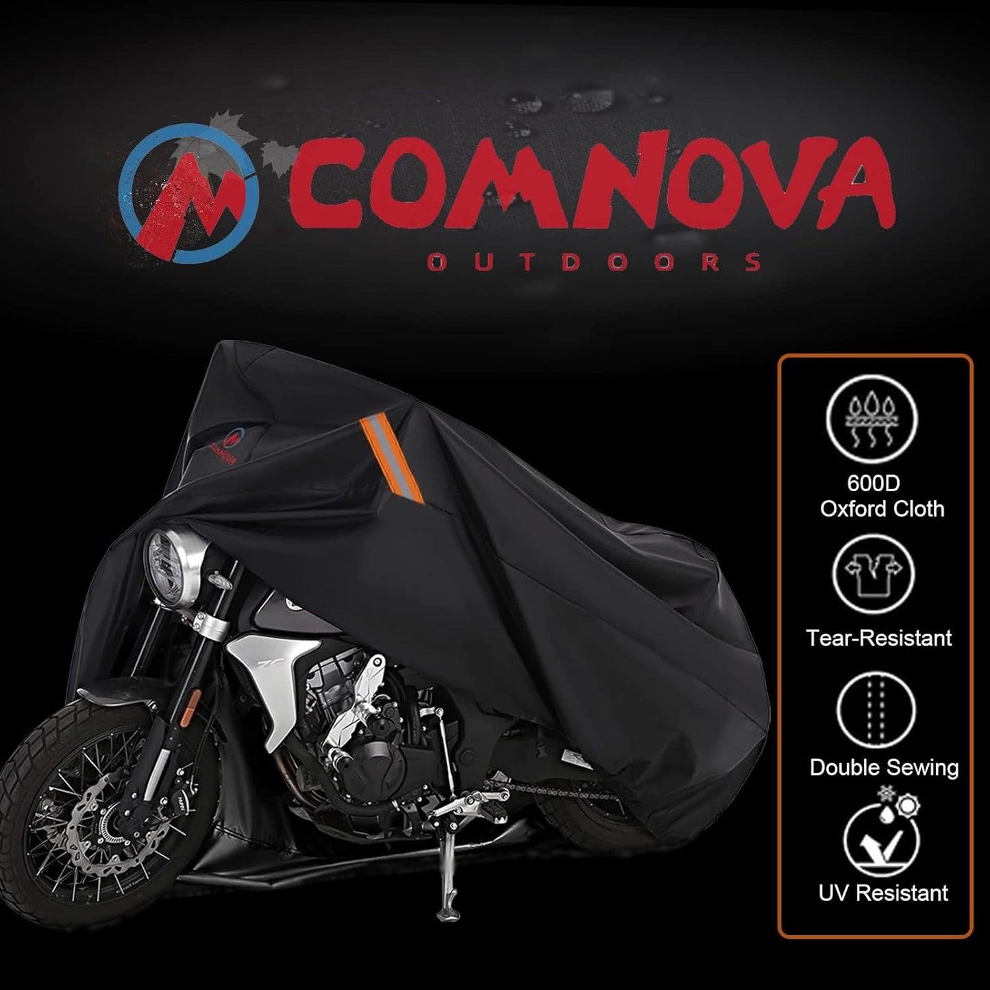 Comnova Motorcycle Cover 104 Inch, 600D Universal Motorcycles Cover Waterproof with Lock-Holes All Season, Large Motorbike Vehicle Scooter Cover for Harley Davidson, Honda, Suzuki, Kawasaki, Yamaha