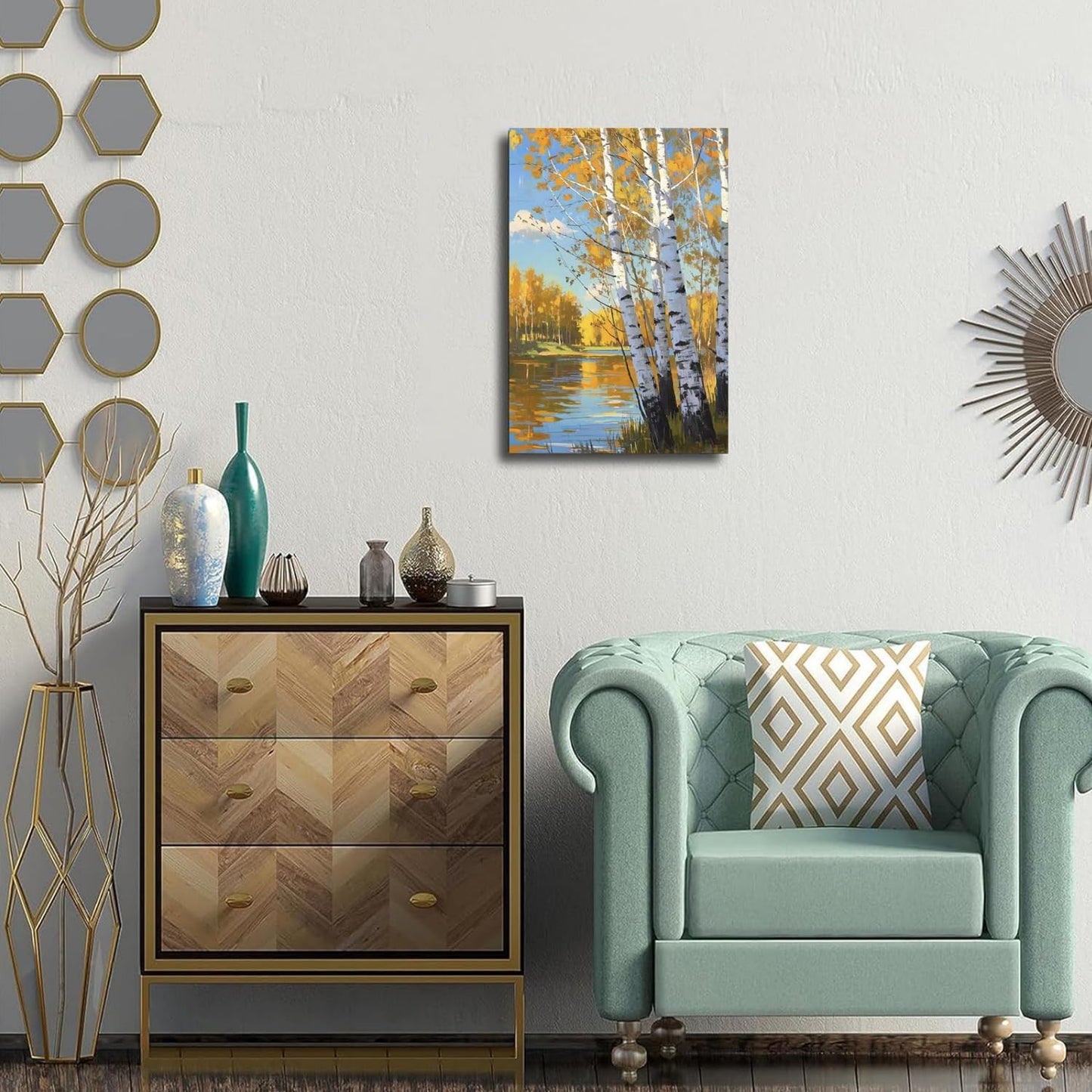 Poplar trees beside the blue sky and white clouds are suitable for living rooms bedrooms and offices Landscape posters and wall paintings