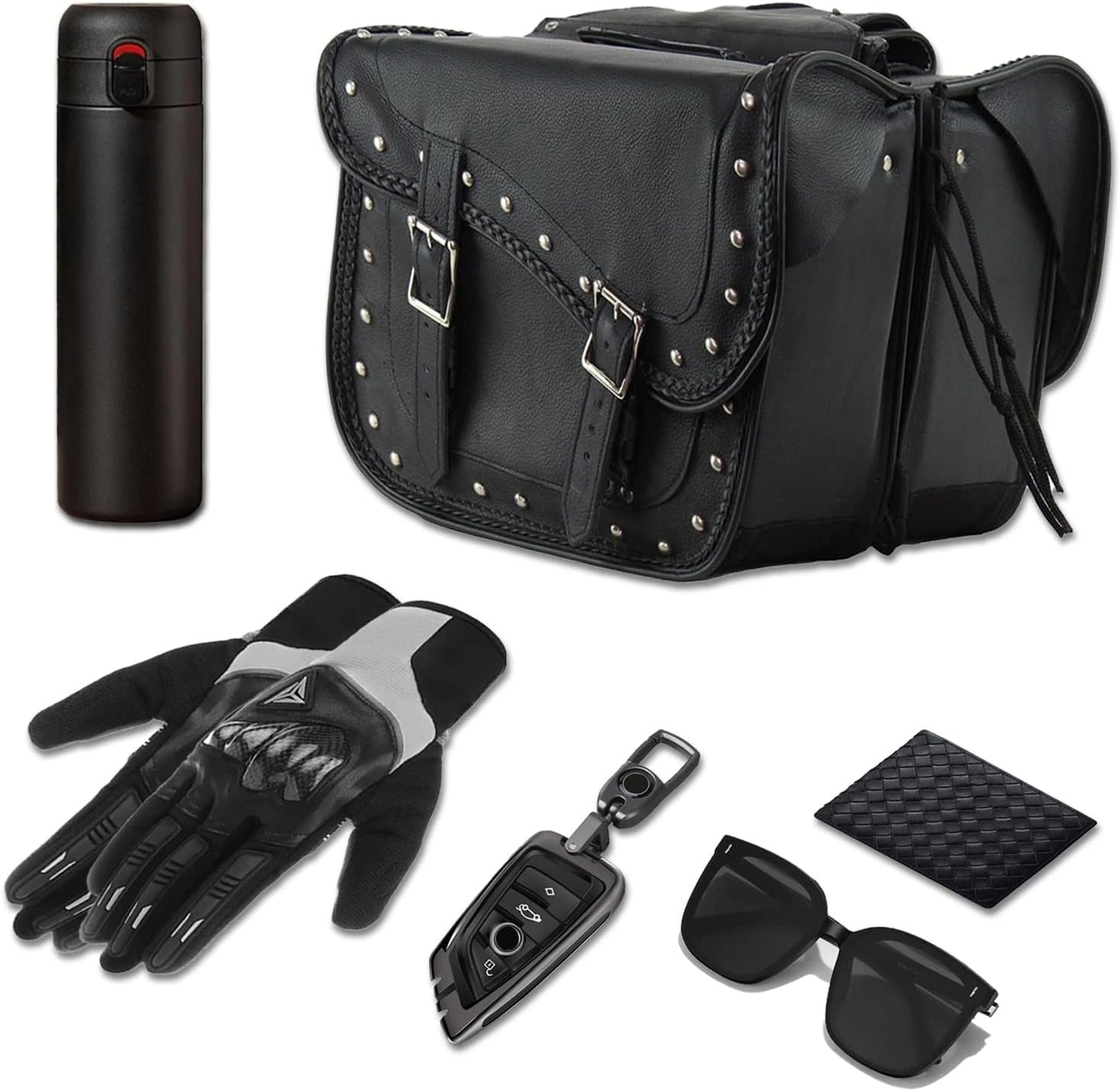 Synthetic Leather Motorcycle Luggage Bag - Waterproof Throw Over Saddlebags For Motorcycles - Softails, Sportsters, Choppers, Dyna, V-star, Shadow (With Studs, Black, 13'x13'x10')