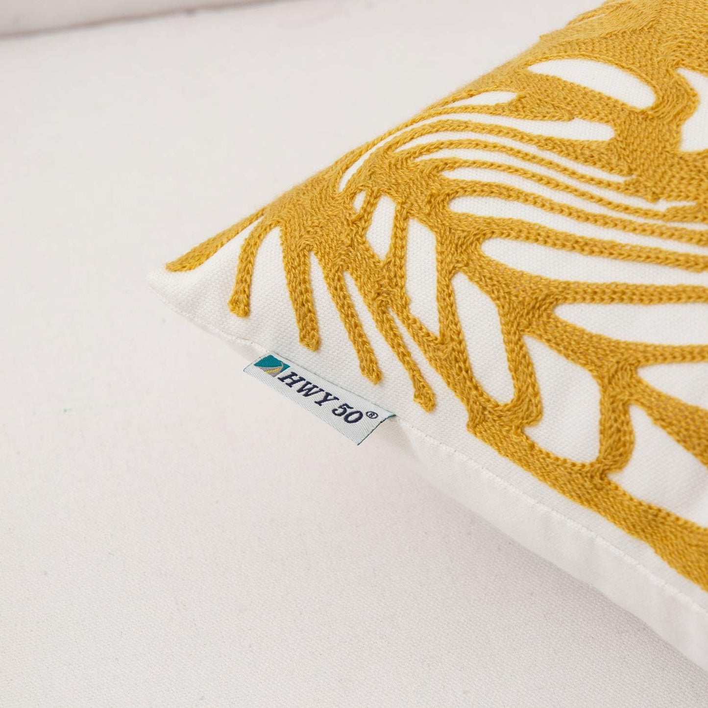 HWY 50 Yellow Decorative Throw Pillow Covers 18x18 Inch (1 Piece), Embroidered Cotton Farmhouse Cushion Cover Pillow Case for Sofa Couch Living Room Bed, Texture