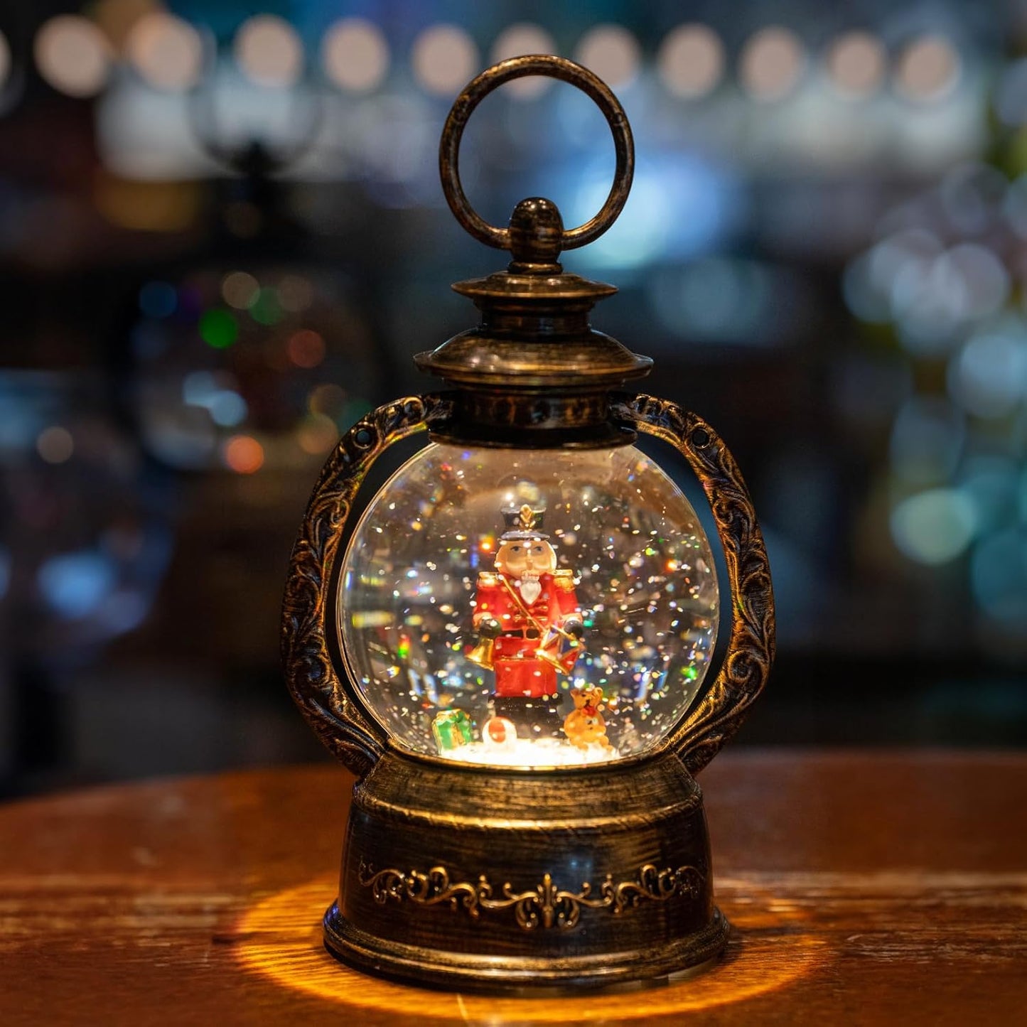 Christmas Snow Globe Lantern Water Glittering Nutcracker with Music & Timer, USB Lined/Battery Operated Lighted Lantern for Christmas Festival Decoration Gifts