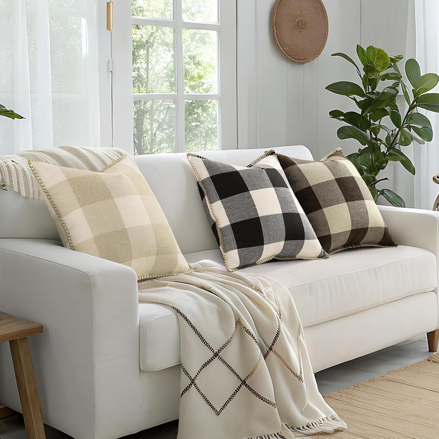 decorUhome Buffalo Plaid Check Throw Pillow Covers 22x22 Set of 2, Outdoor Decorative Farmhouse Neutral Pillow Covers with Stitched Edge for Bed Couch Sofa, Brown and Beige