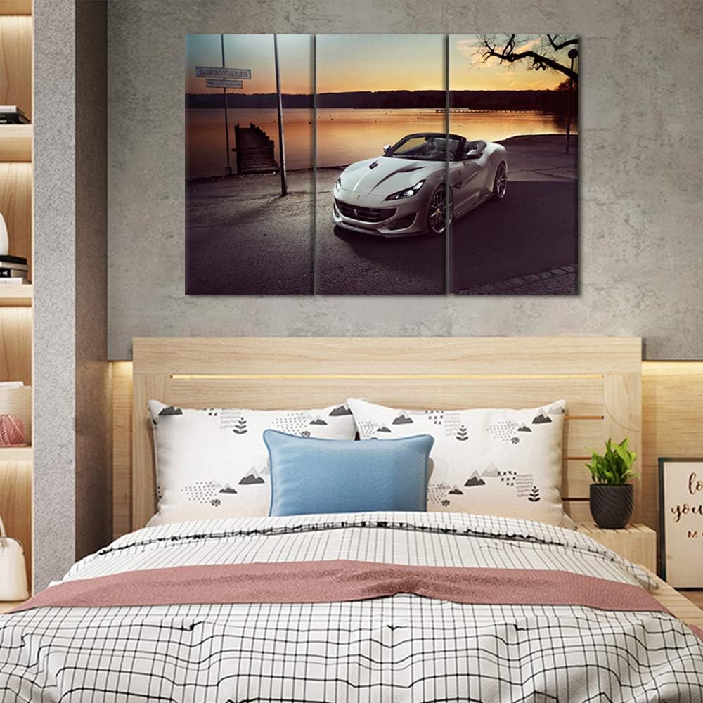 Landscape Canvas Print Wall Art Painting for Home Decor White Sports Car 3 Pieces Panel Paintings Modern Giclee Stretched and Framed Artwork the Picture for Living Room Decoration - 12 x 24 inch x 3