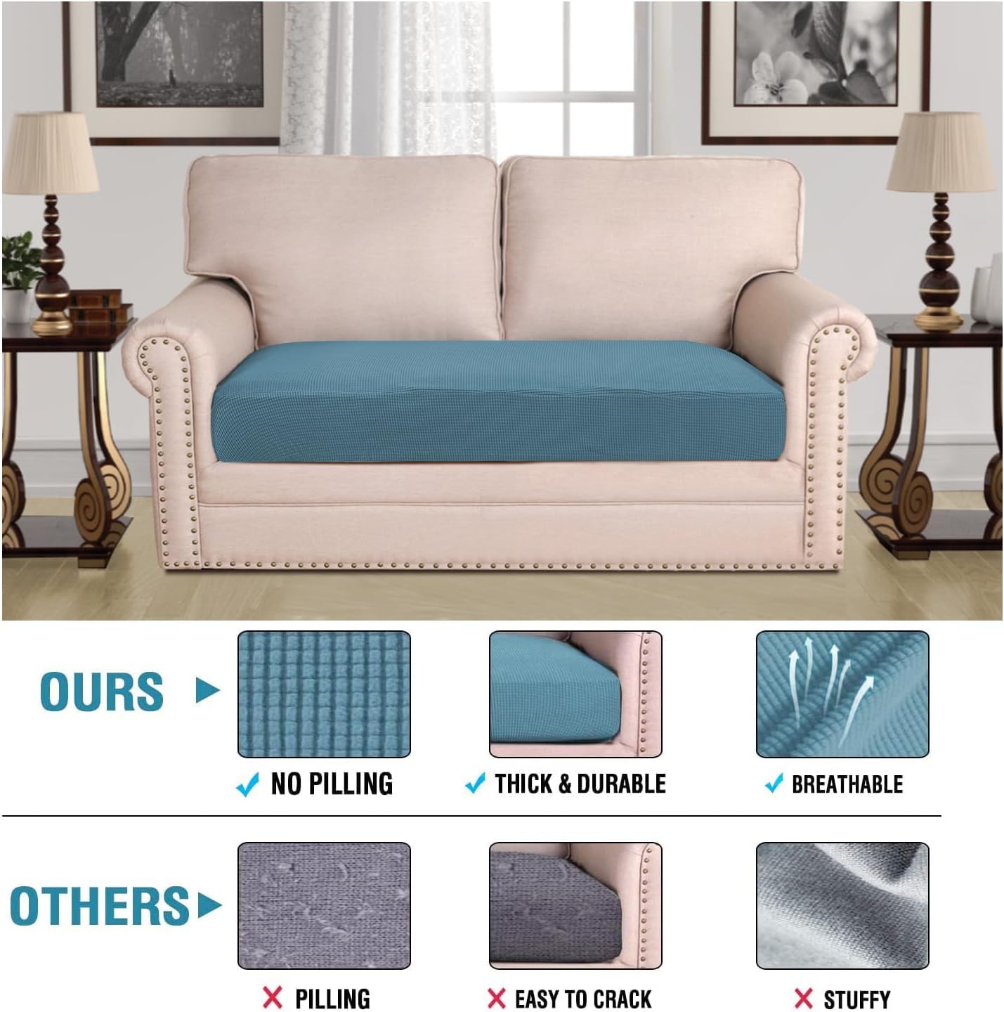 H.VERSAILTEX Super Stretch Individual Seat Cushion Covers Sofa Covers Couch Cushion Covers Slipcover Sets Thick Jacquard Textured Twill Fabric (1 Piece Loveseat Cushion Cover, Storm Blue)