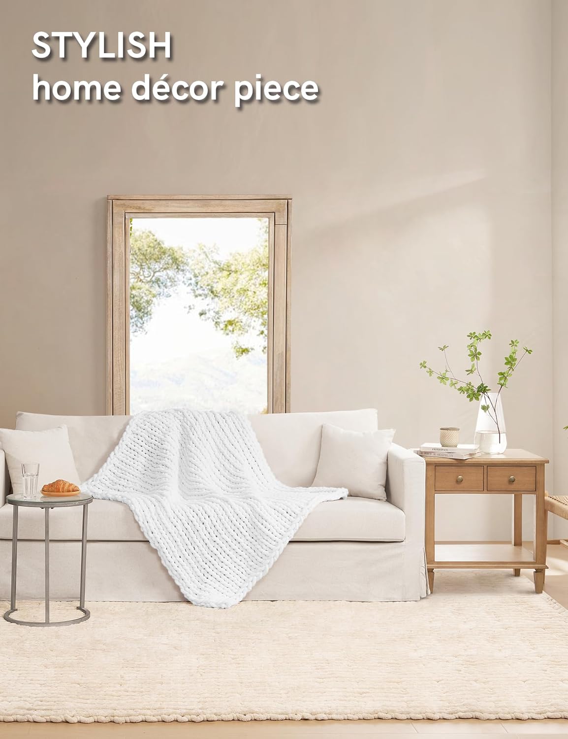 YnM Chunky Throw Blanket, Medium-Weight, Hand Knitted with Chenielle Yarn, Skin Friendly, Ventilated and Breathable, Machine Washable, Home Décor Piece for Couch, Sofa and Bed (White, 40x50 Inch)