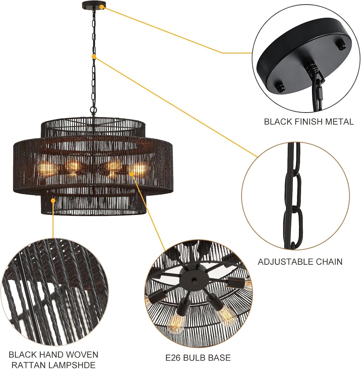 30" Large Hand-Woven Rattan 8-Light Farmhouse Boho Bamboo Chandeliers Light Fixture Retro 3-Tier Drum Wicker Rattan Black Chandelier for Dining Room, Kitchen Island, Bedroom