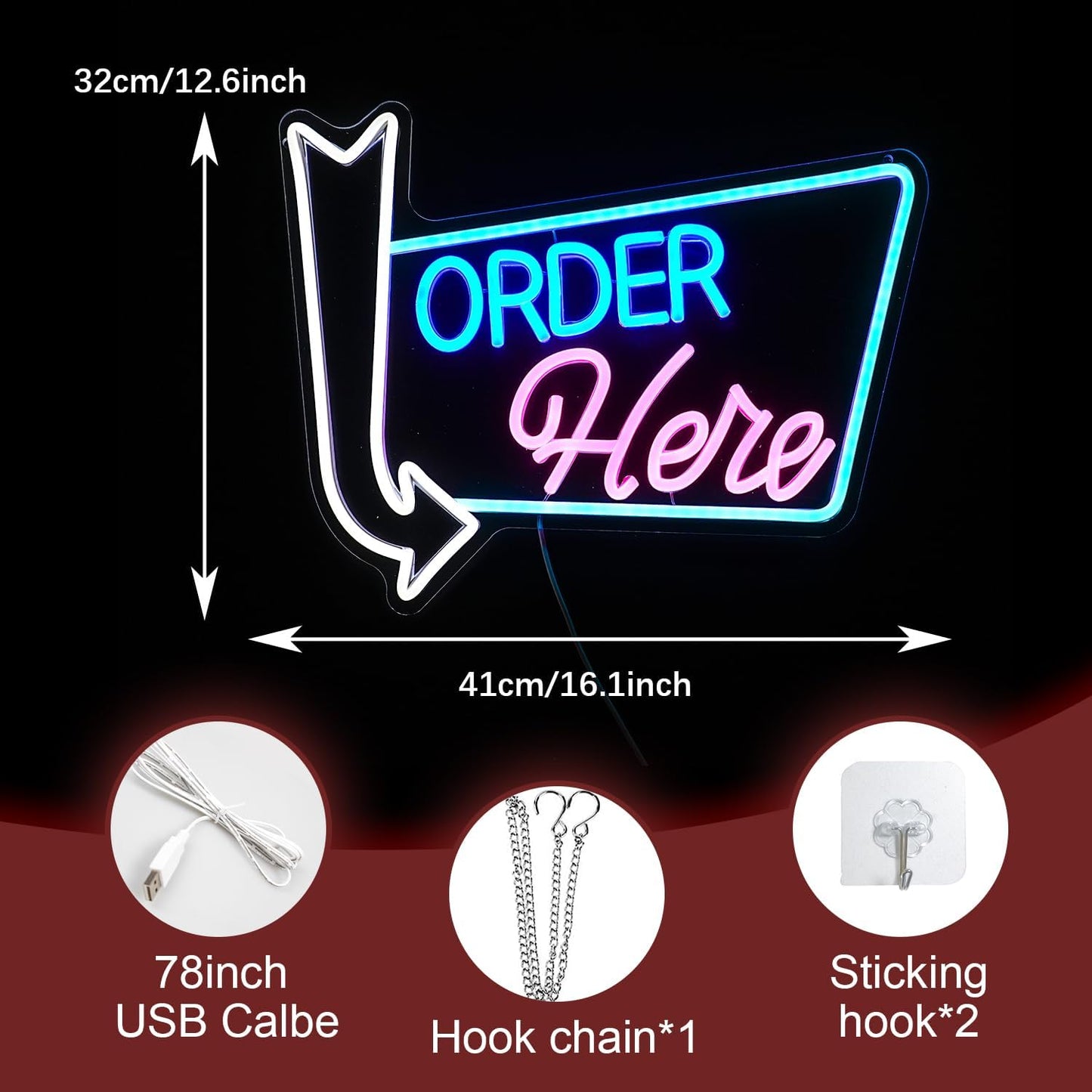 Order Here Neon Sign Led letters Sign Dimmable Order Neon Light for Wall Decor Larger Order Here Light Up Sign for Restaurant Shop Bar Business Neon Decor(16.1 * 12.6 In)