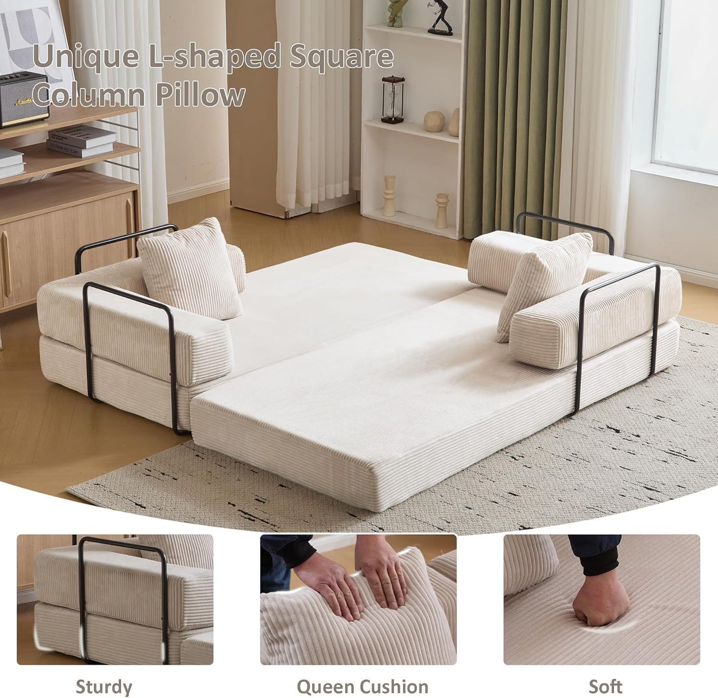 Convertible Sleeper Sofa Bed, Compression Folding Sofa with Pillow, No Assembly Required, Shape Frame, Floor Sofas Lounge Couch for Living Room, Bedroom, Small Spaces(Corduroy, 77''W, Off-white)