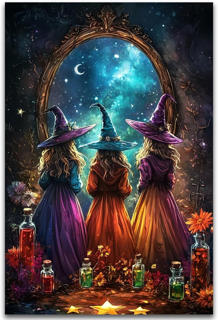 Witch Poster Halloween Fall Wall Art Decor,Three Witches with Magic Potion Mirror Colorful Vintage Print,Dark Academia Spooky Canvas Art Prints for Home Living Room,20"x30" Unframed