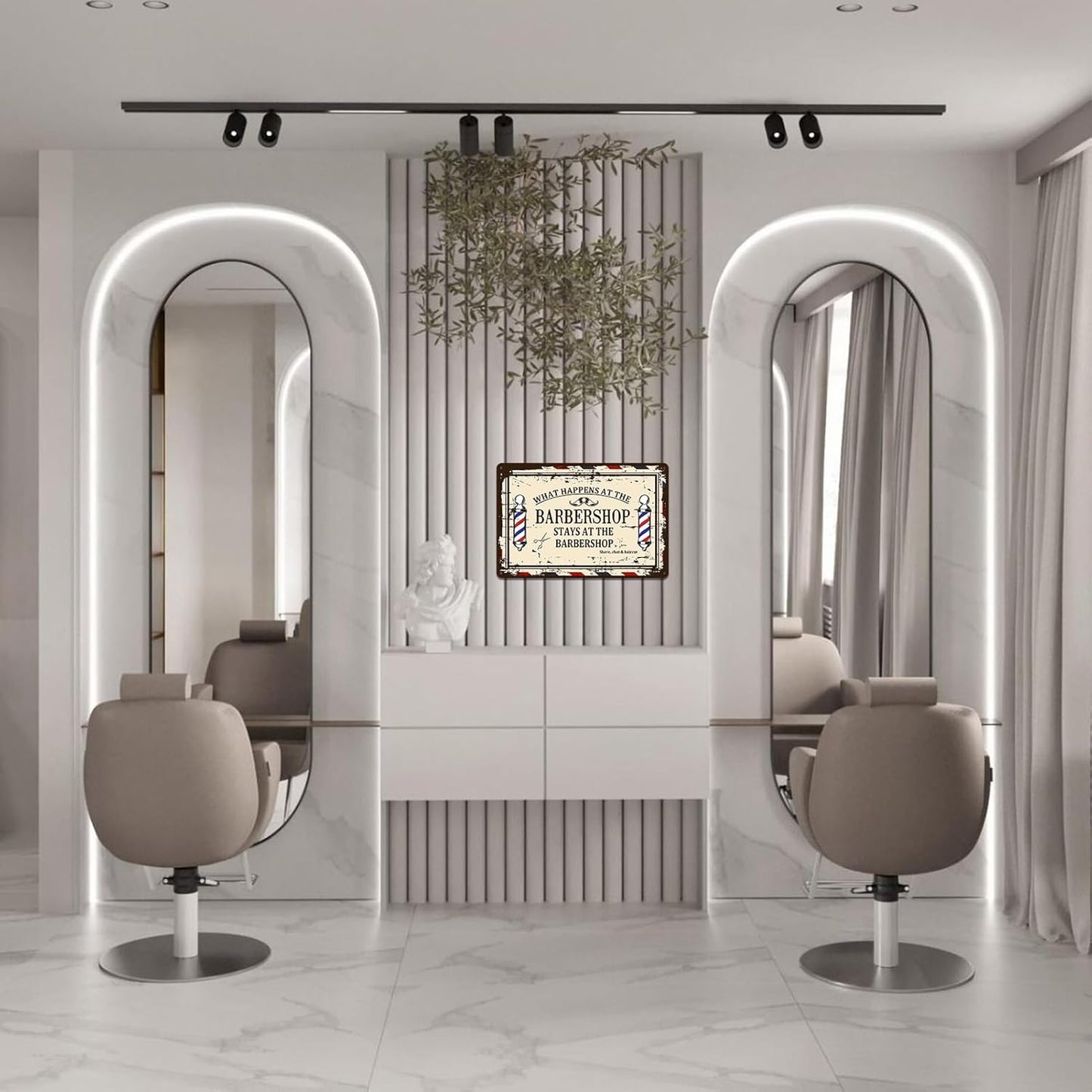 Barber Shop Decor Accessories - Vintage Barbershop Metal Tin Signs Haircut Wall Art Posters Gifts for Men Decorations - What Happens At The Barbershop Stays At The Barbershop Sign 8x12 Inch