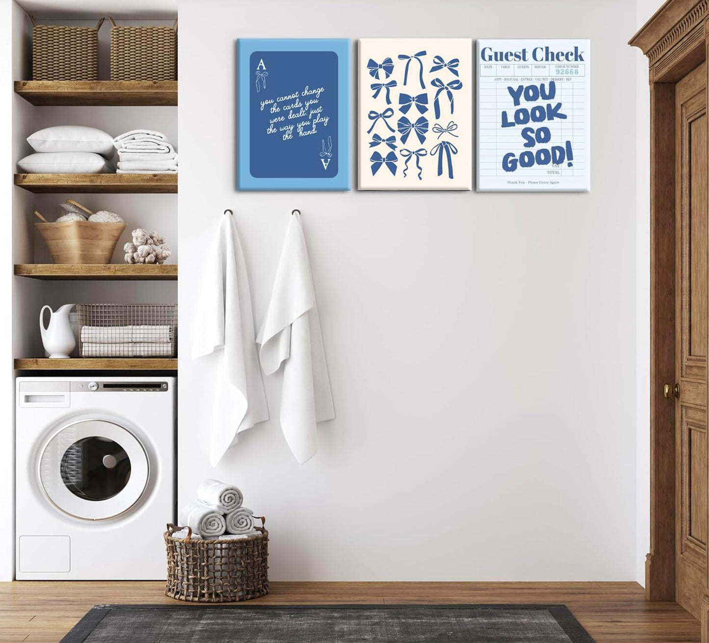 Blue Preppy Wall Art Framed Set of 3 Trendy Navy Bow Posters Retro Guest Check Canvas Prints Poker Painting Minimalist Positive Quote Picture Room Decor Aesthetic for Living Room Dorm Apartment16x24in