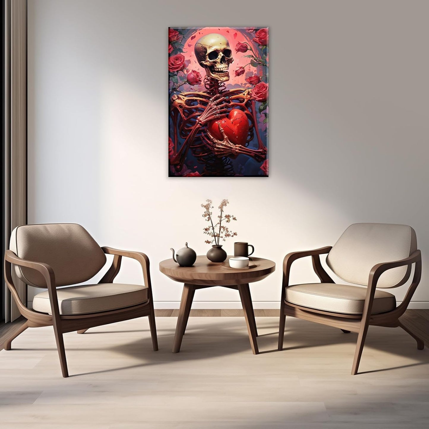 OAAPITI Skull Skeleton Canvas Wall Art Skull Holding Heart Picture Print Romantic Theme Painting Artwork Gothic Poster Wall Decor Living Room Halloween Decor(Artwork-1,12"x18")