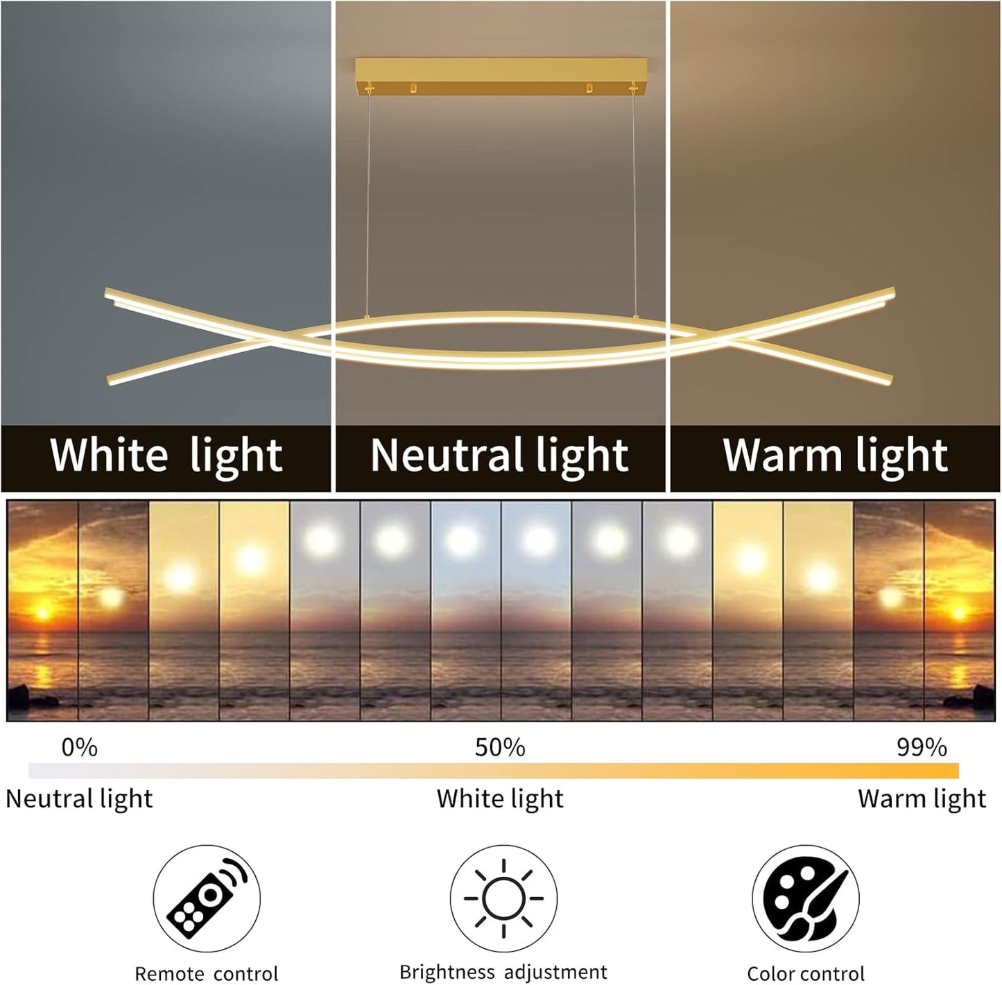 Modern Chandelier, Linear Pendant Light LED Dimmable Hanging Light Fixture, 3000K-6000K with Remote Control (Gold, 47IN)