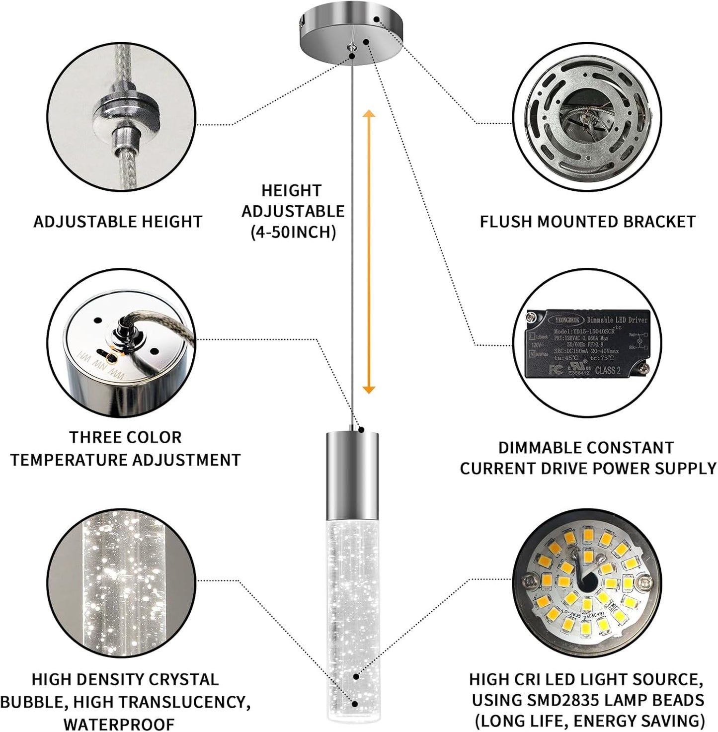 OKELI Modern Pendant Light,3 Color LED Bubble Crystal Island Light Fixtures,Chrome Mini Pendant Lighting for Kitchen Island,Bar,6W,3000-6000K,ETL