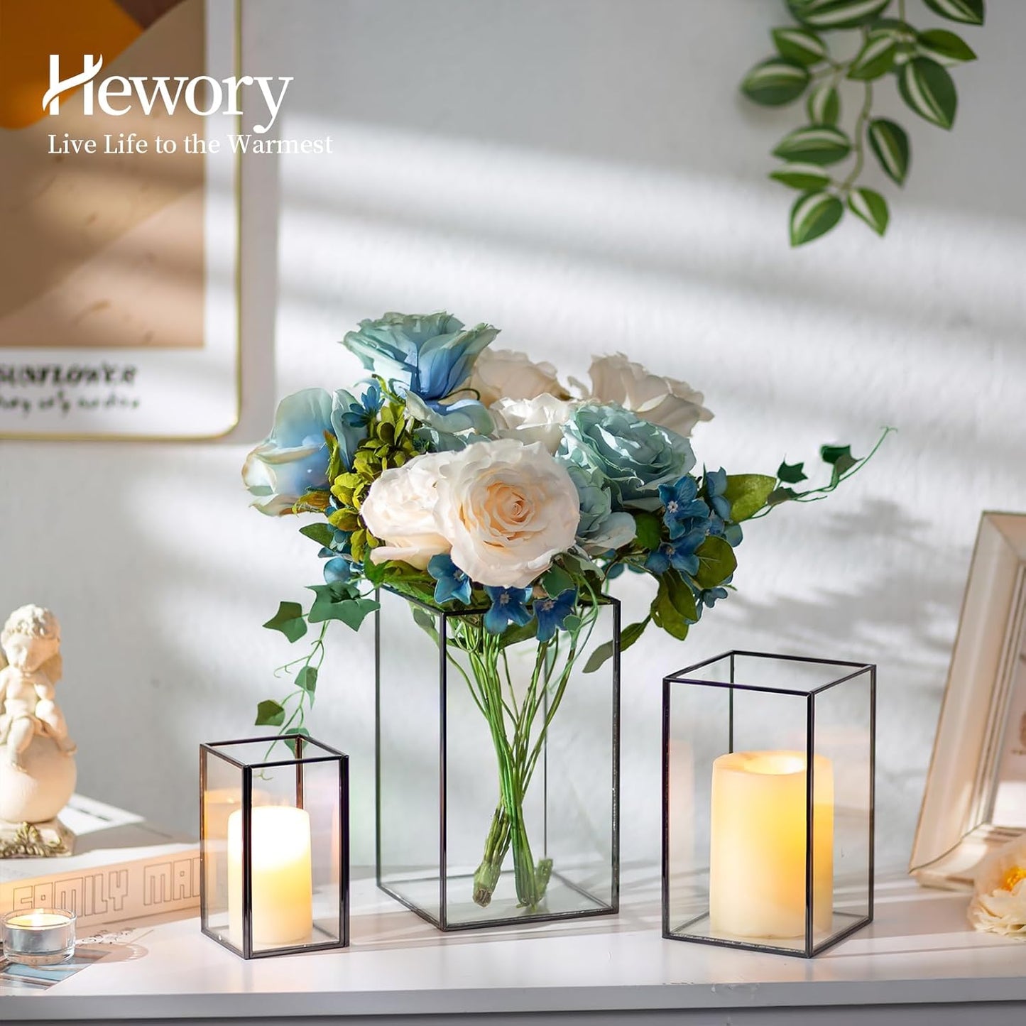 Glass Hurricane Candle Holder Large - Hewory 6pcs Black Rectangle Flower Holders Centerpiece for Table, Tall Floor Square Pillar Candle Lantern for Wedding, Anniversary, Party, Fireplace, Dining Room