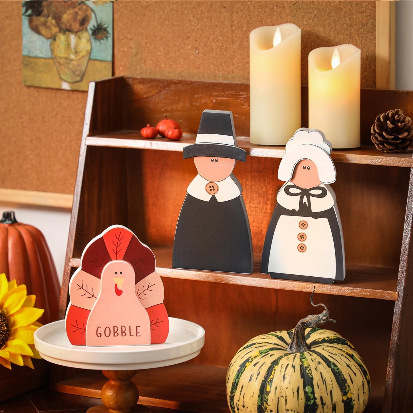 Amorita Fall Thanksgiving Decorations Wooden Turkey Pilgrim Couple Table Sign 3 Pcs Fall Thanksgiving Decor Standing Tabletop Sign Decor for Autumn Harvest - W