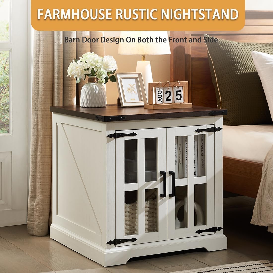 Farmhouse End Table with Charging Station,24" Large Side Table with Glass Barn Door, Rustic Wood Nightstand Bedside Table with Adjustable Storage Shelf for Living Room, Bedroom,White,2 Pack