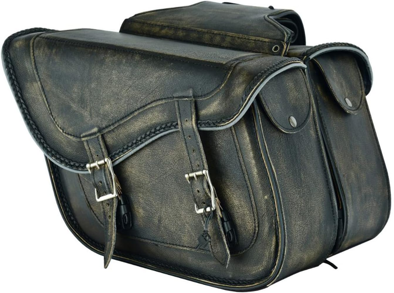 GARGOYLE BELLS Motorcycle Saddle Bags Genuine Leather Motorcycle Luggage Bag For Softails Sportsters and Choppers (No Stud, Distressed Brown, 13”x13“x10”)