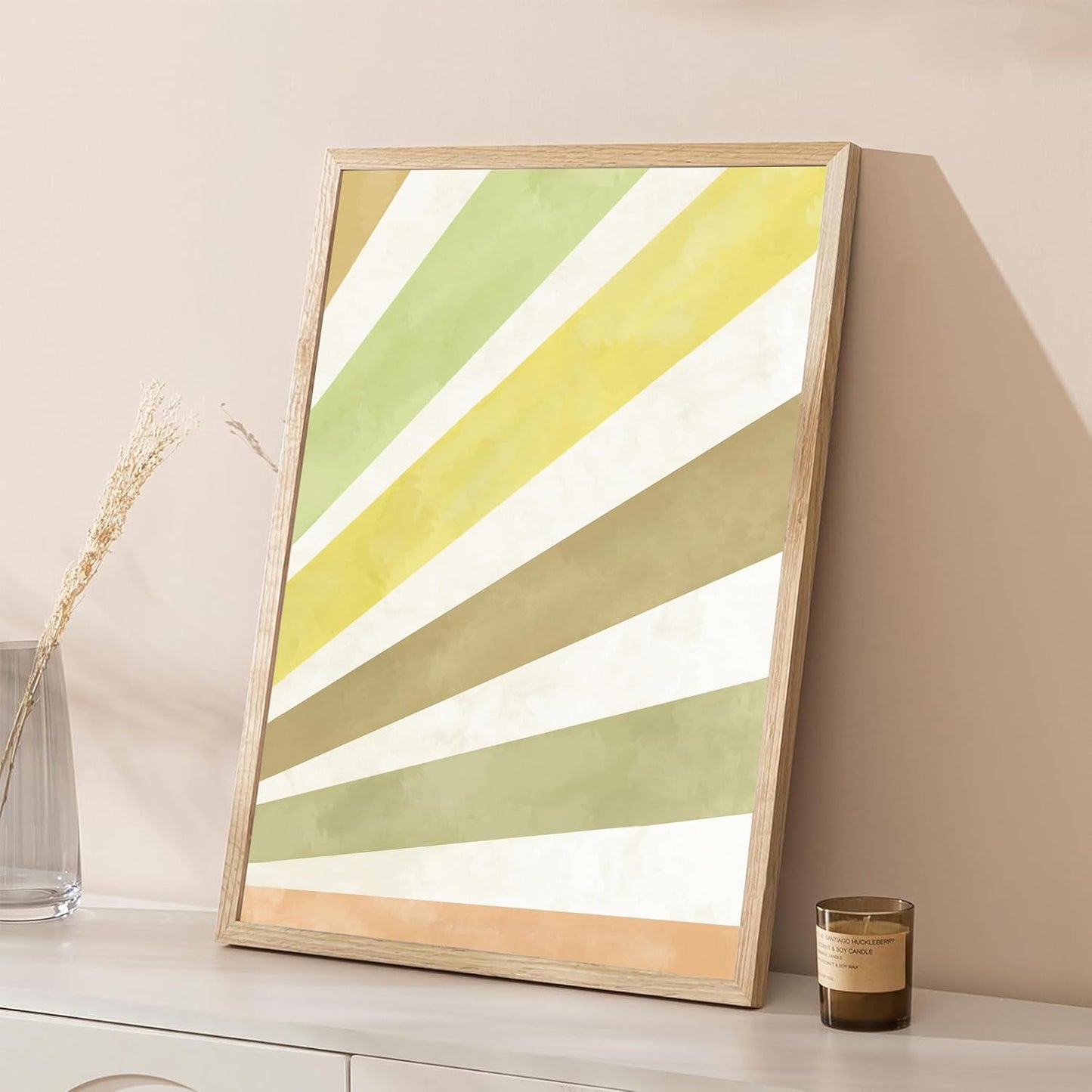 Wooden Framed Boho Sun Wall Art Set of 3 Abstract Sunshine Canvas Prints Morden Bohemian Posters Neutral Home Decor Minimalist Geometric Line Painting Picture for Living Room Bedroom16x24in