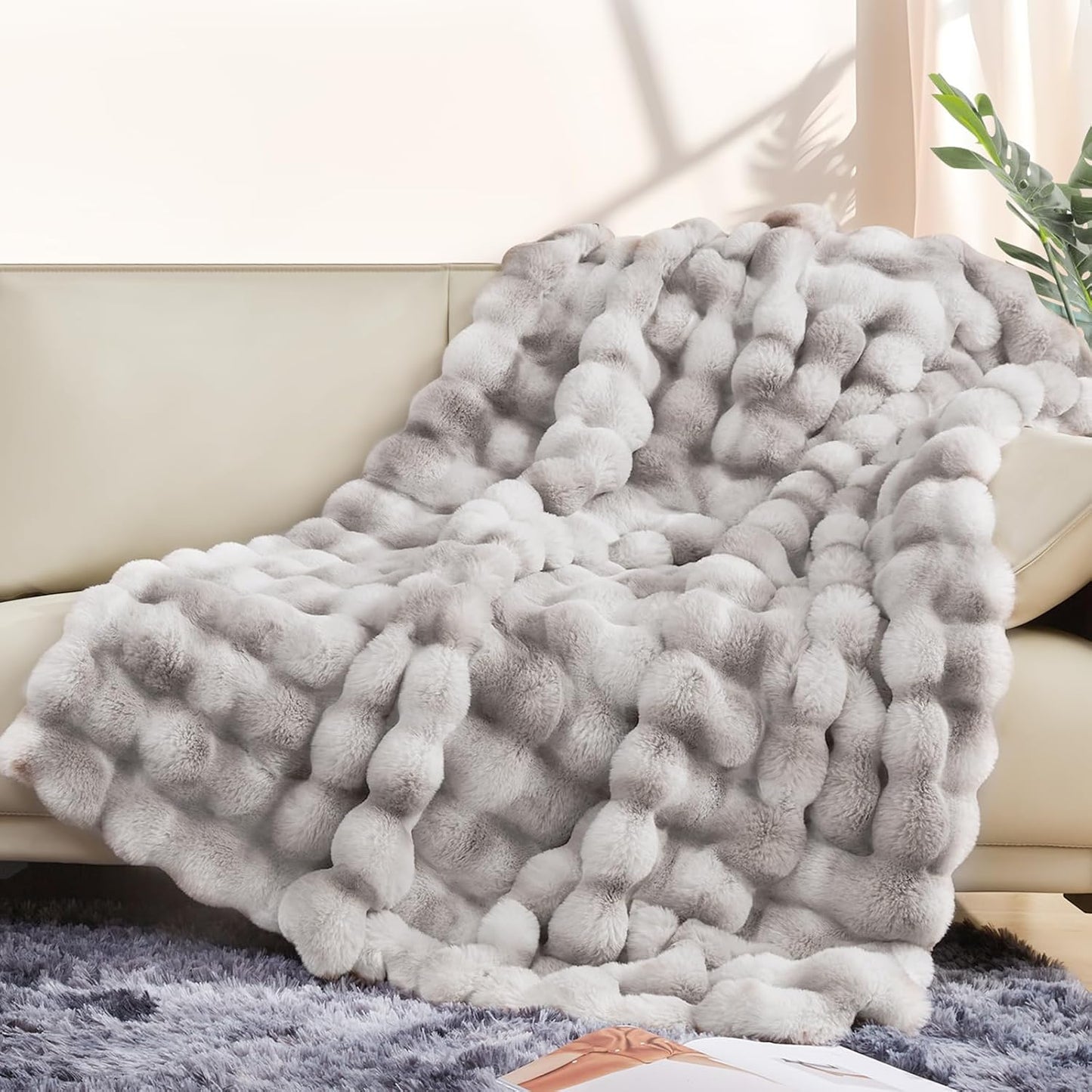 Touchat Luxury 1000GSM Faux Rabbit Fur Throw Blanket, Super Heavy Warm Cozy Grey Blankets for Couch Bed Sofa, Ruched Plush Fuzzy Elegant Soft Reversible Mink Blanket for Living Room Bedroom