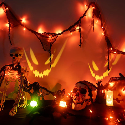 Halloween Horror Atmosphere Lights, Orange&Purple LED String Lights with 9.9FT Creepy Black Gauze, Battery Powered with Timer & 8 Flashing Modes (Orange)